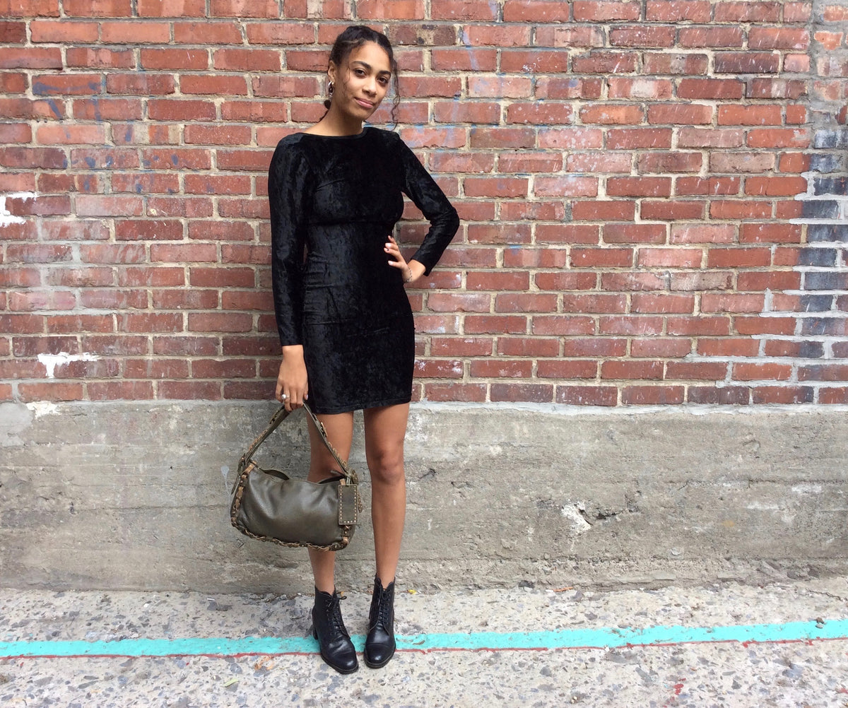 1990s Black velvet bodycon dress sold by bohemevintage.come