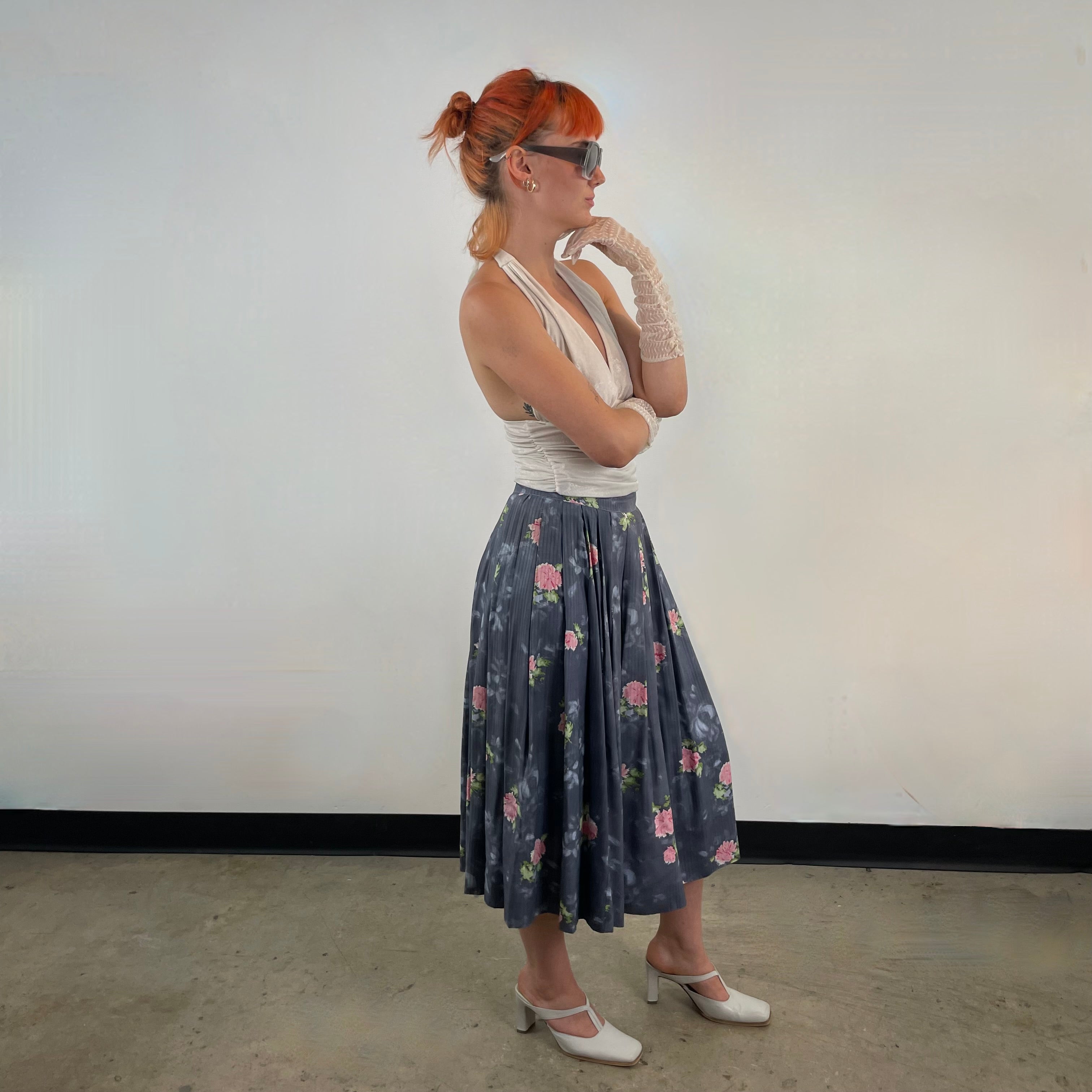 Boheme Vintage – Vintage 1950s Handmade Floral Cotton Pleated Midi Skirt