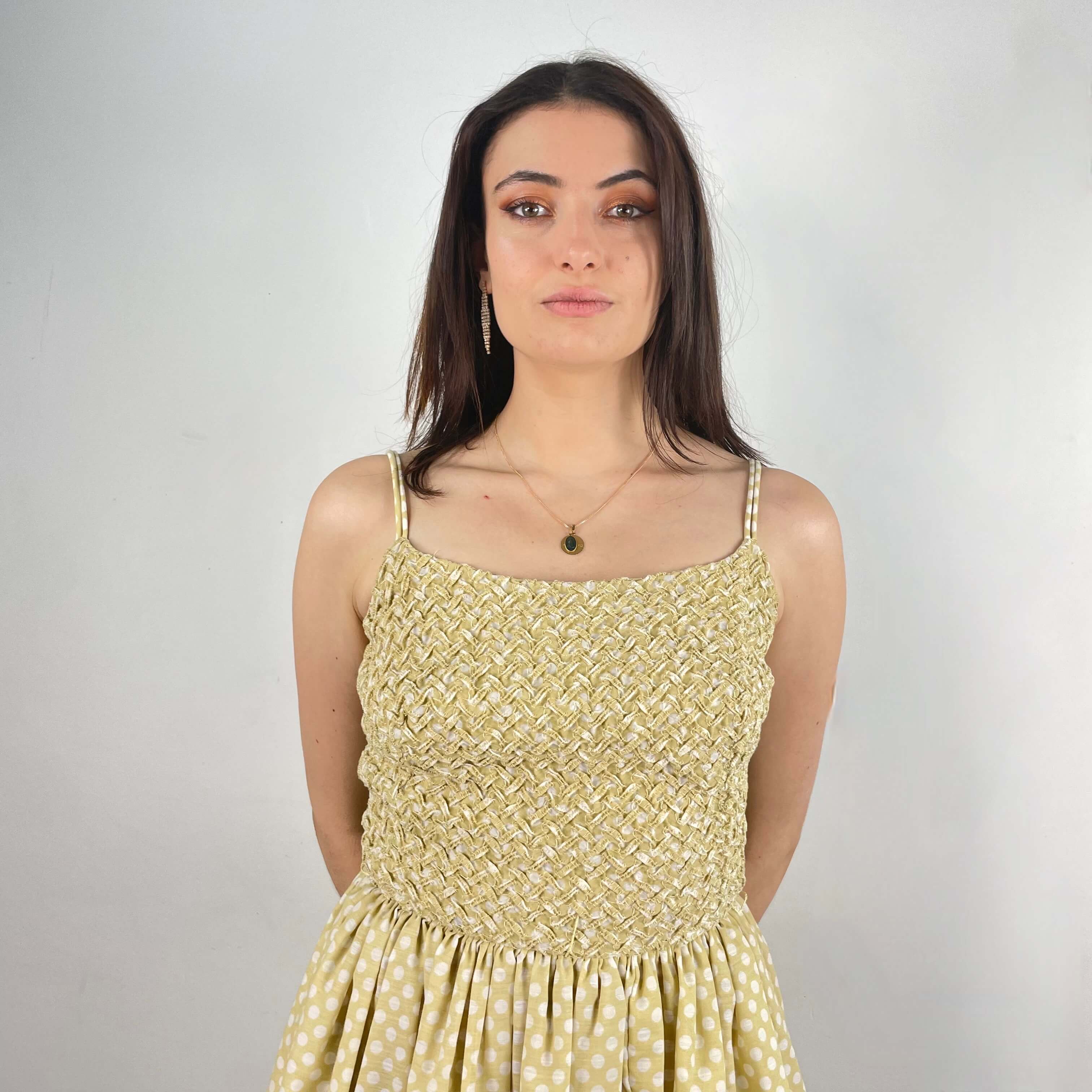 Front view of bodice of 1950s Polka Dot Sleeveless Dress size Small sold at bohemevintage.com Montreal