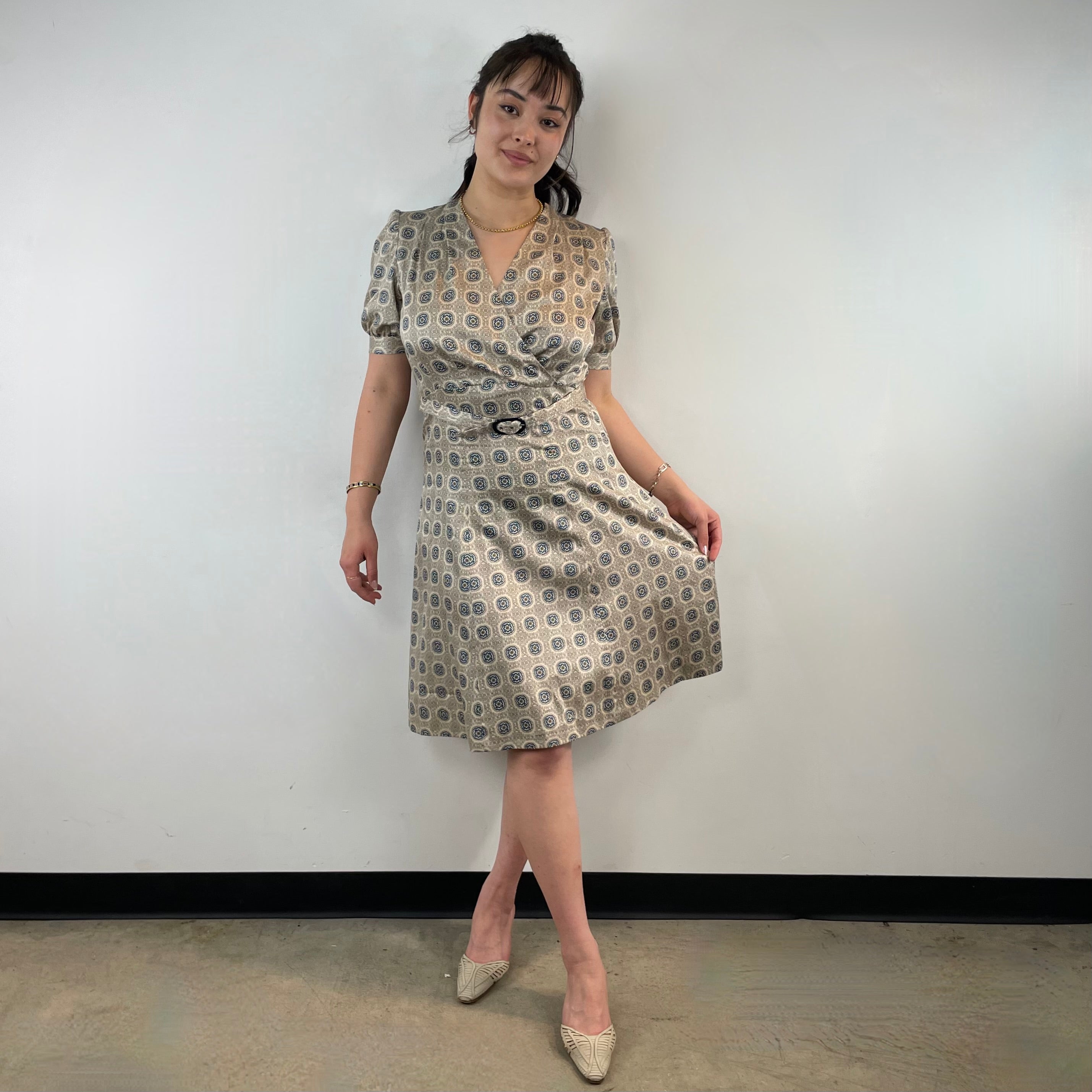 Boheme Vintage – Vintage 1950s Handmade Cotton Fit-and-Flare Dress with Wrap Bodice and Matching Belt
