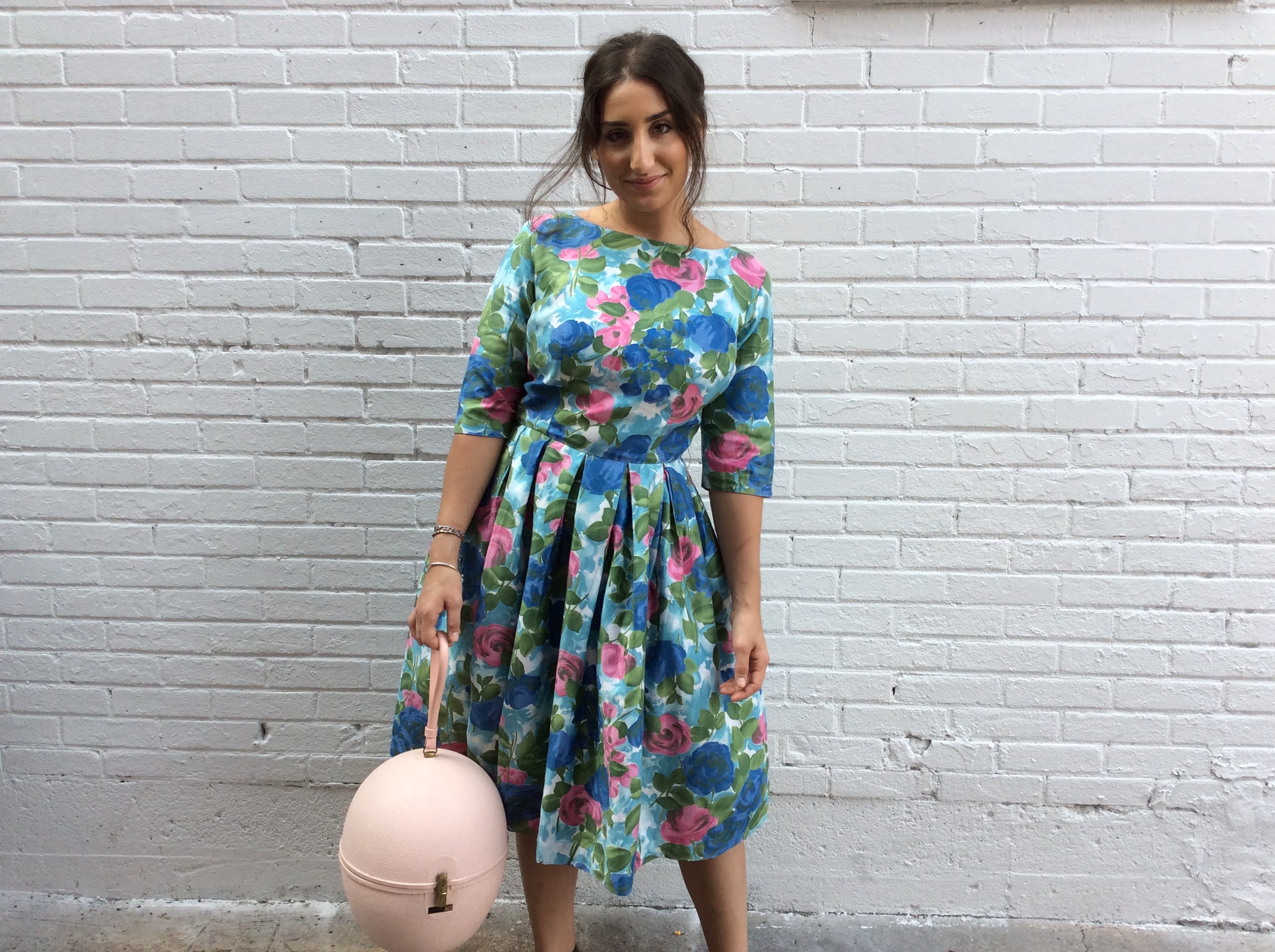 Boheme Vintage 1950s Leo-Danal Montreal cotton dress with painterly print, fitted bodice, and box pleated skirt.