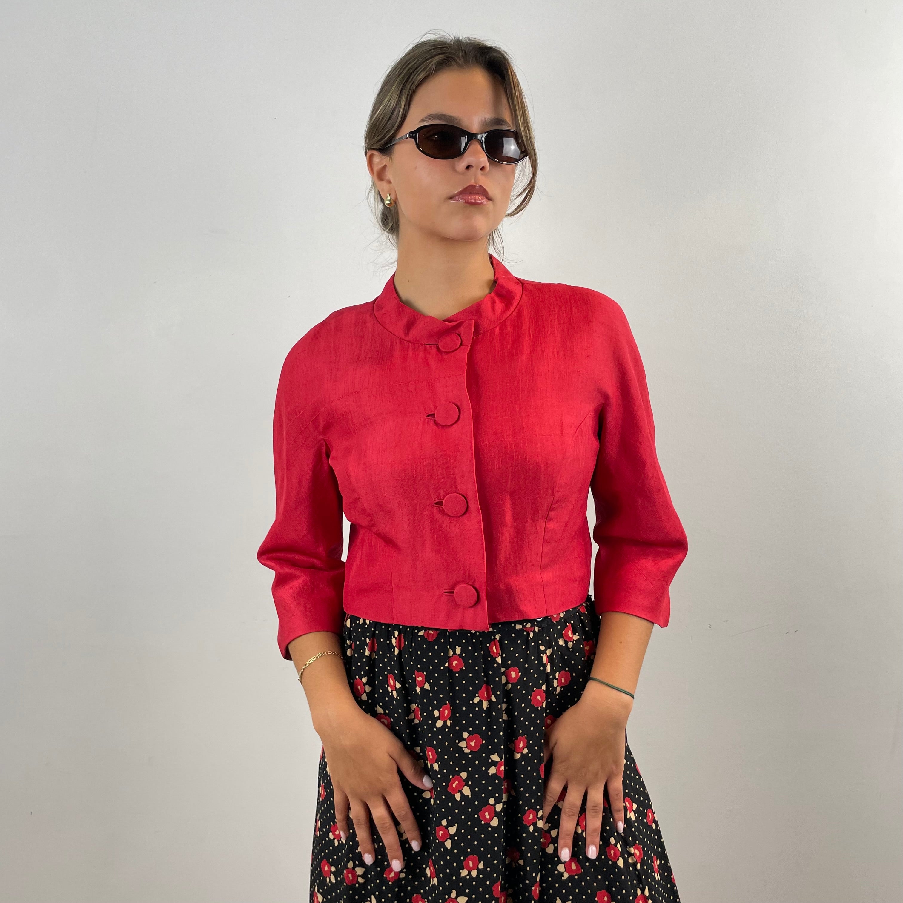 Front view of 1960s Cherry Red Silk Shantung Bolero Blazer size Medium sold at bohemevintage.com