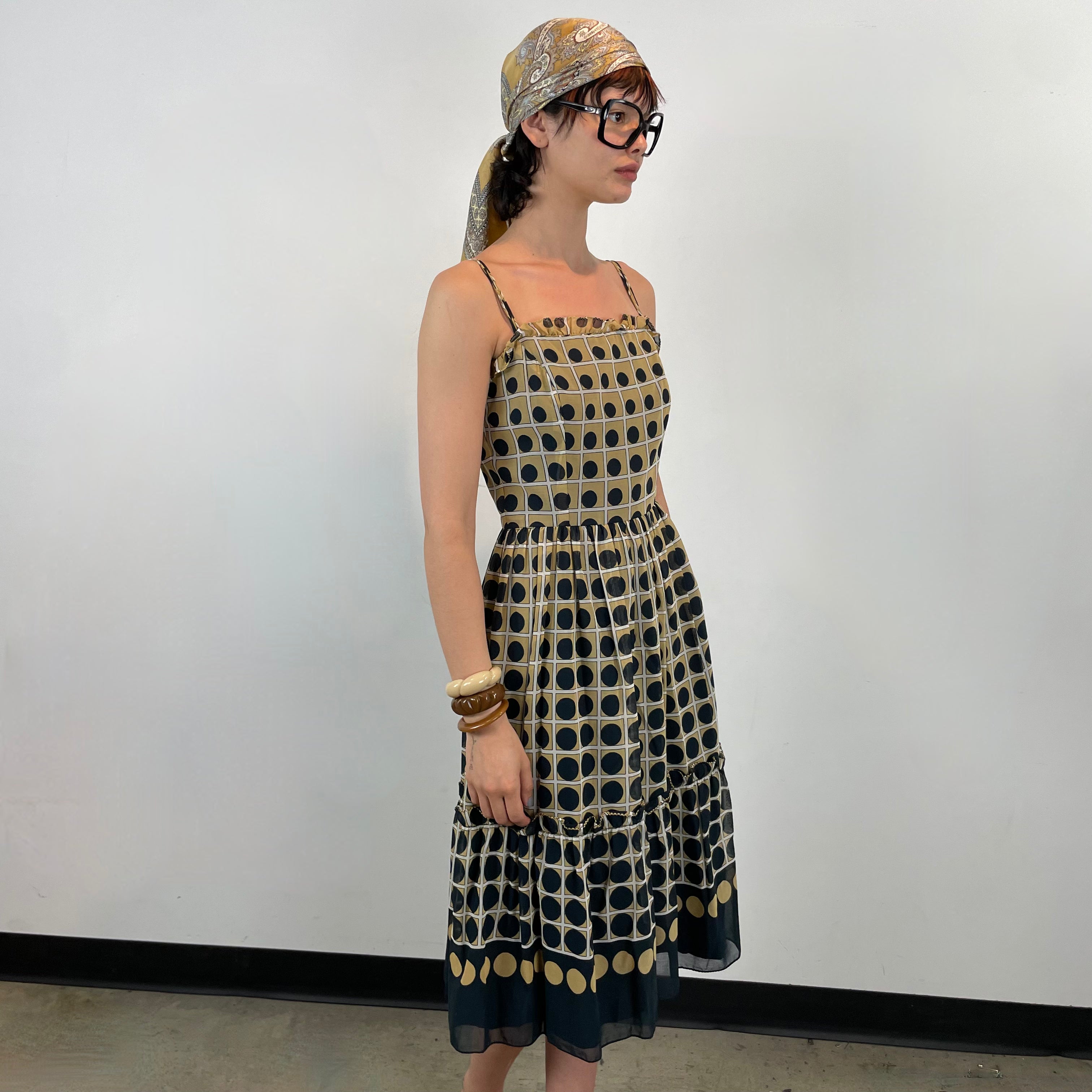 Boheme Vintage – Vintage 1960s VALI Navy and Beige Geometric Summer Dress with Ruffled Hem and Scarf Detail