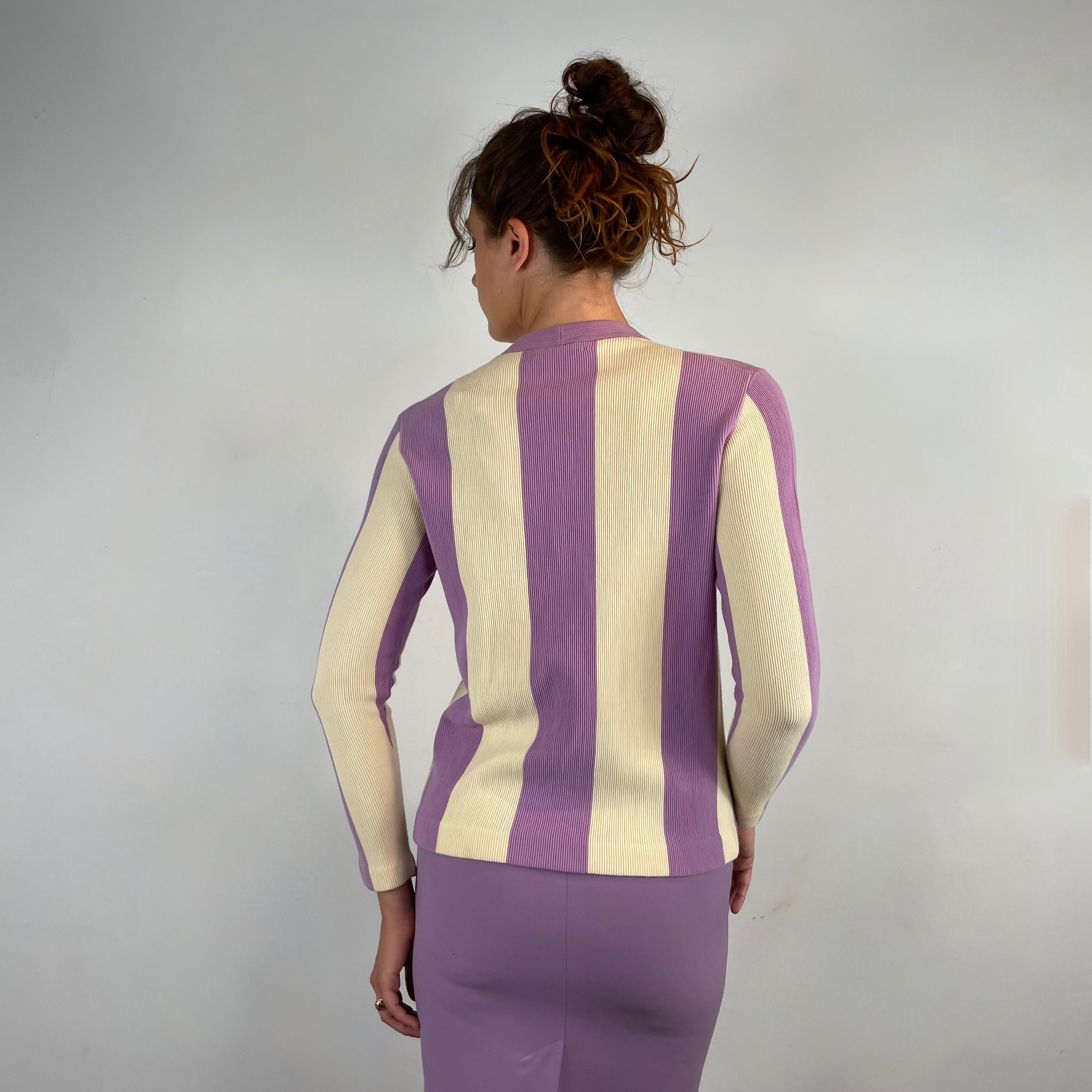 Back View of Boheme Vintage 1960s EP Tricot Lux lavender striped wool knit blazer with gold buttons and boxy silhouette.
