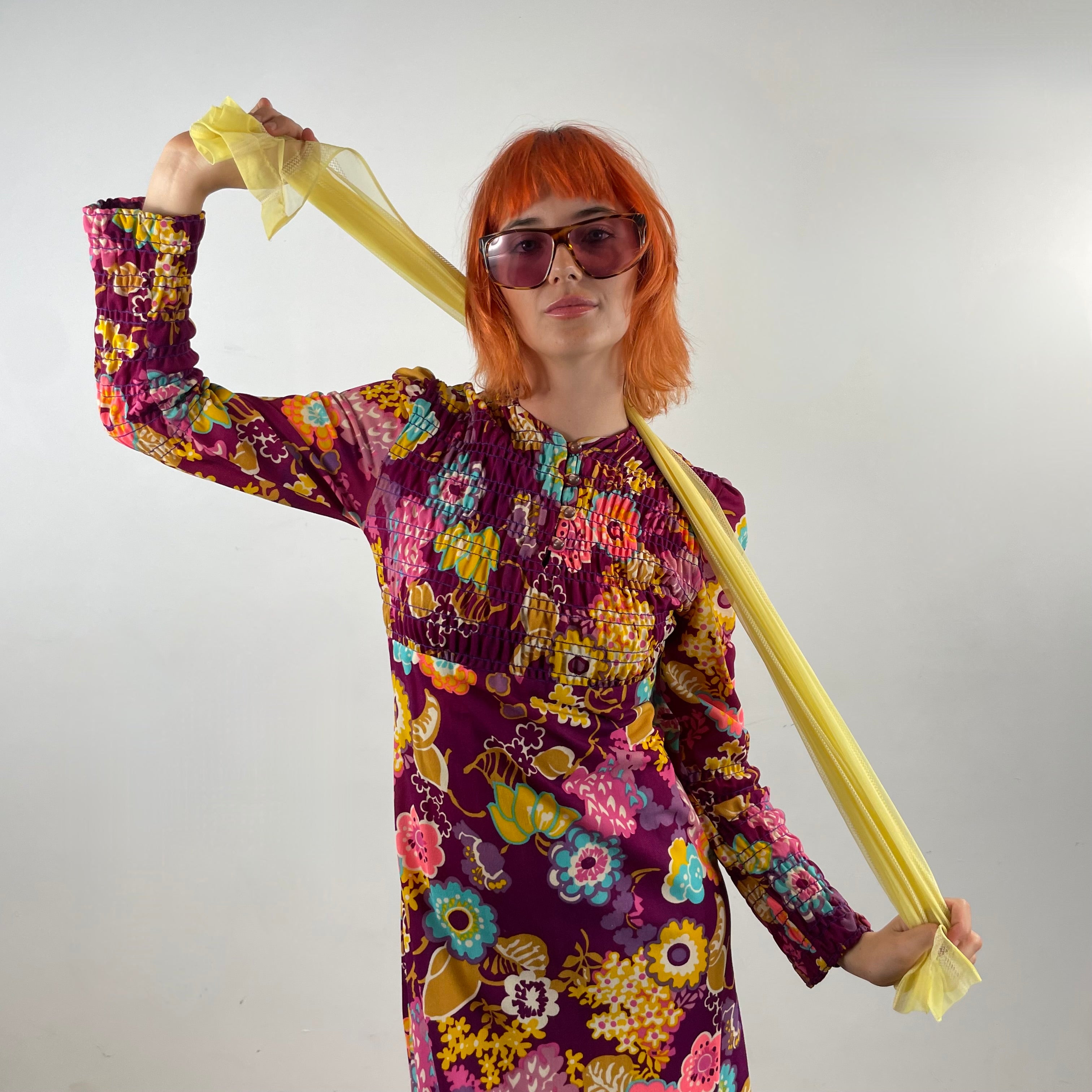 1970s floral empire waist maxi dress with ruched bodice, high neckline and long ruched sleeves in bold print lightweight fabric – Boheme Vintage Montreal https://bohemevintage.com