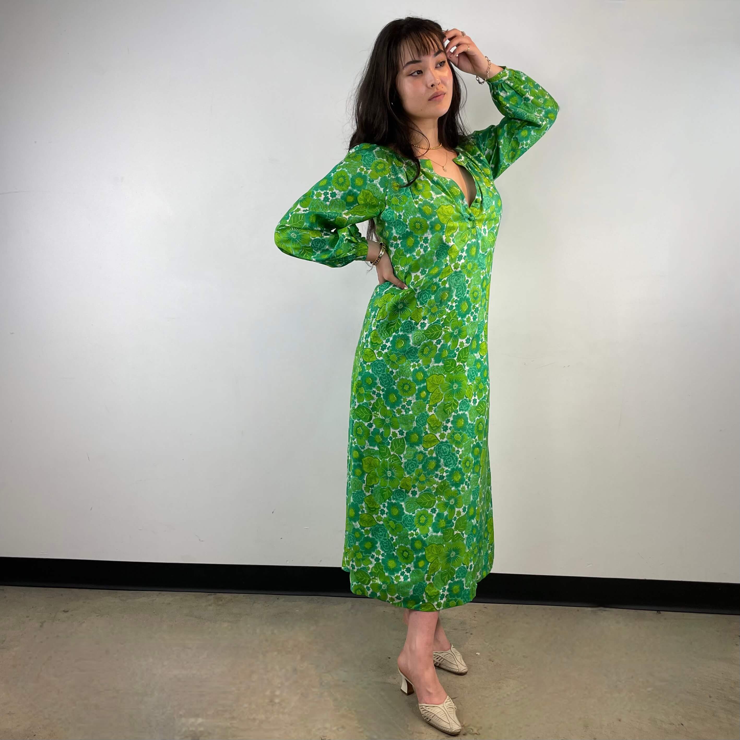 1970s Bold Print Long-Sleeved Silk Maxi Dress Size Medium sold at bohemevintage.com Montreal