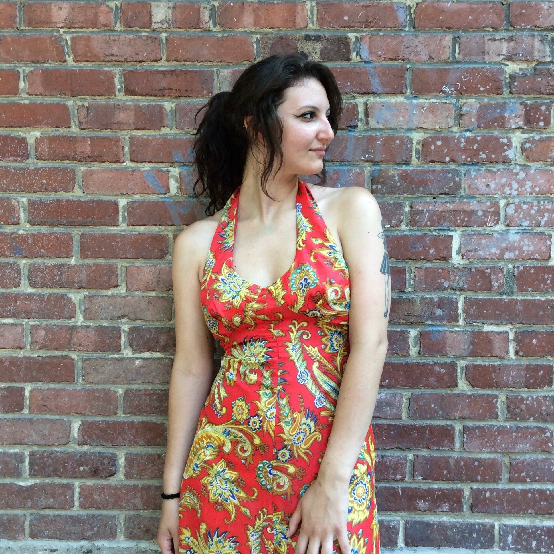 Boheme Vintage – Vintage 1970s Handmade Paisley Halter Maxi Dress with Open Back and Flared Skirt