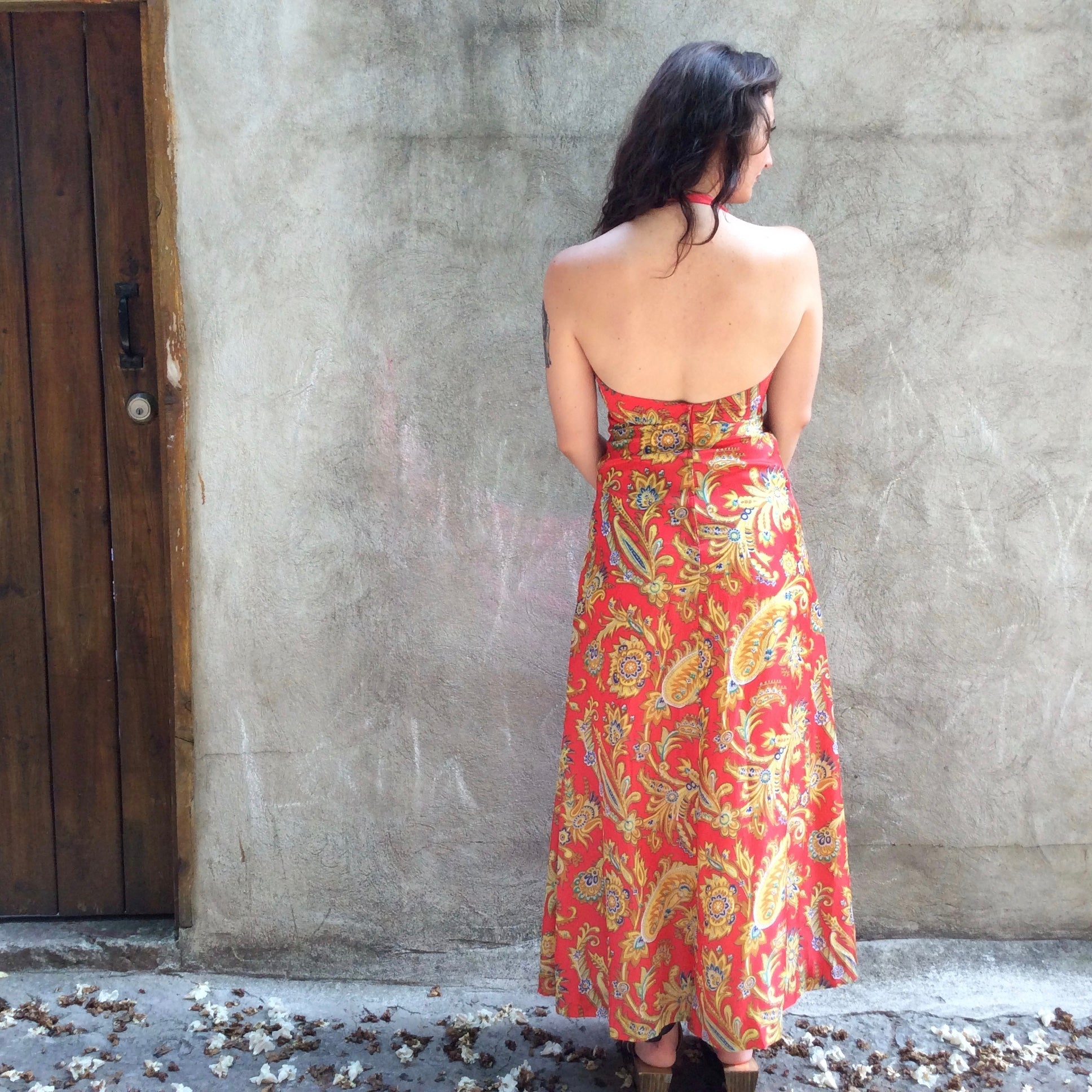 Boheme Vintage – Vintage 1970s Handmade Paisley Halter Maxi Dress with Open Back and Flared Skirt