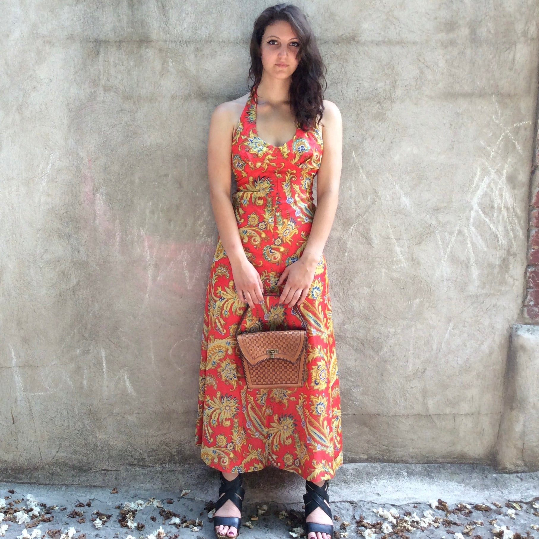 Boheme Vintage – Vintage 1970s Handmade Paisley Halter Maxi Dress with Open Back and Flared Skirt
