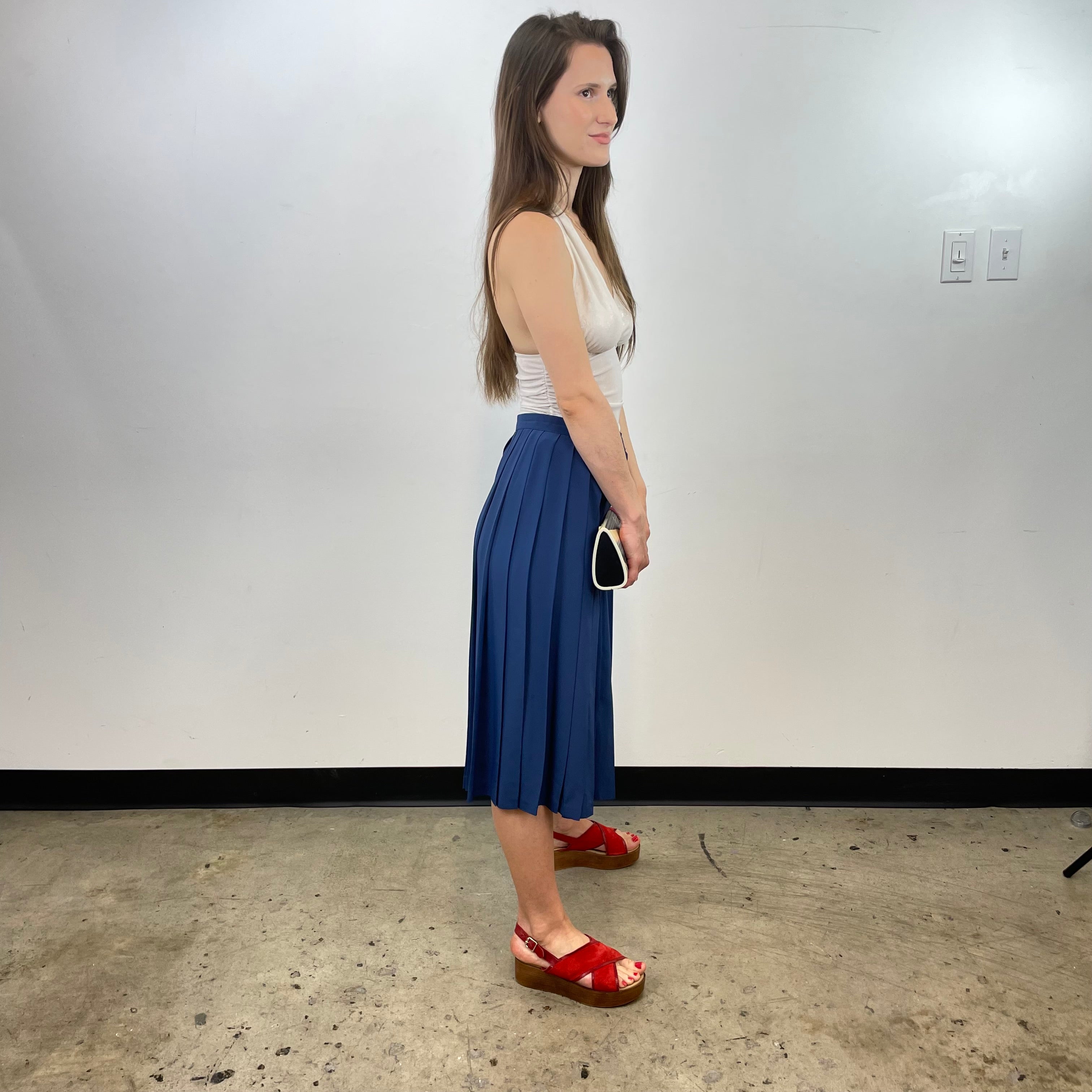 Boheme Vintage – Vintage 1970s Rodier Paris Pleated Polyester Skirt Made in France with Button Details