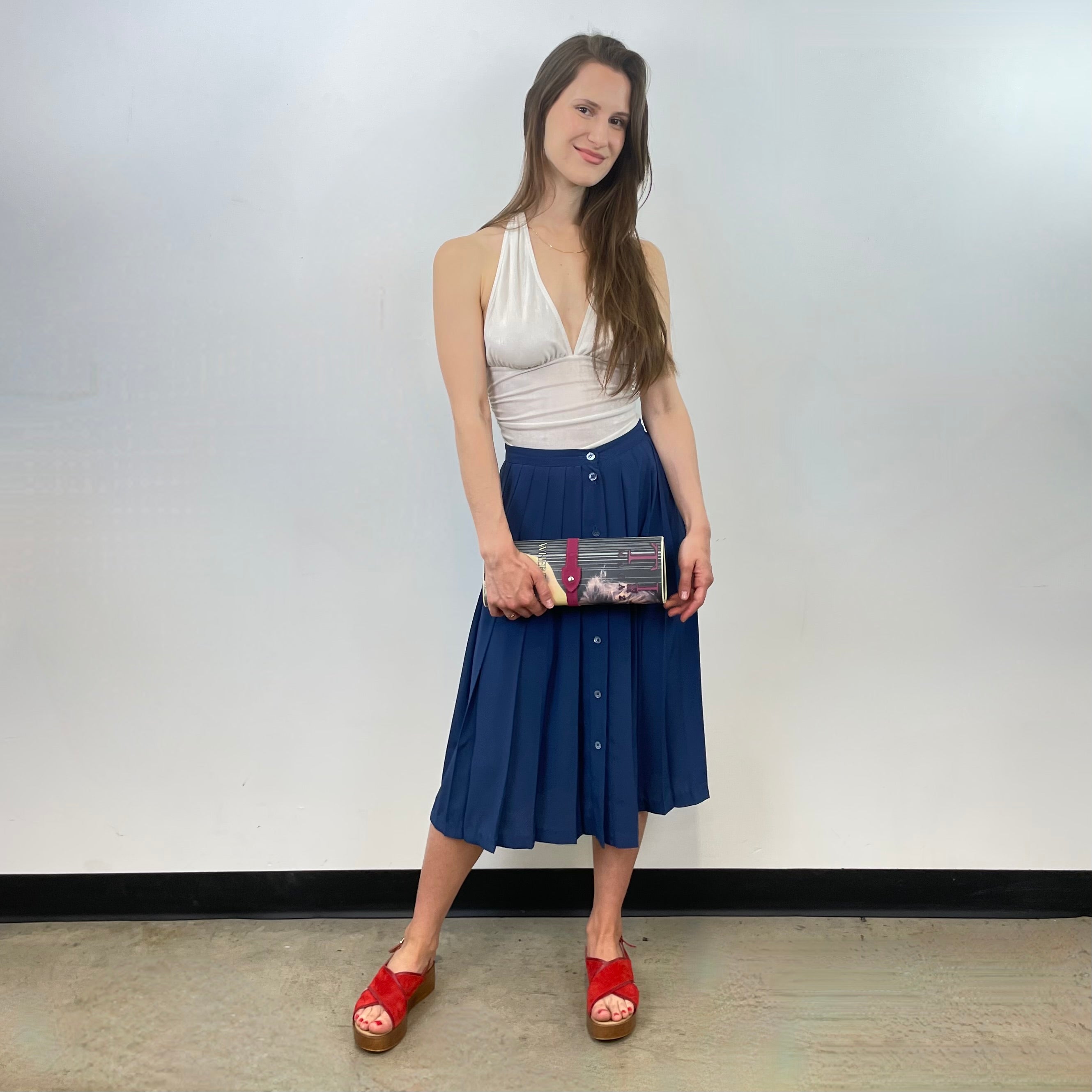 Boheme Vintage – Vintage 1970s Rodier Paris Pleated Polyester Skirt Made in France with Button Details