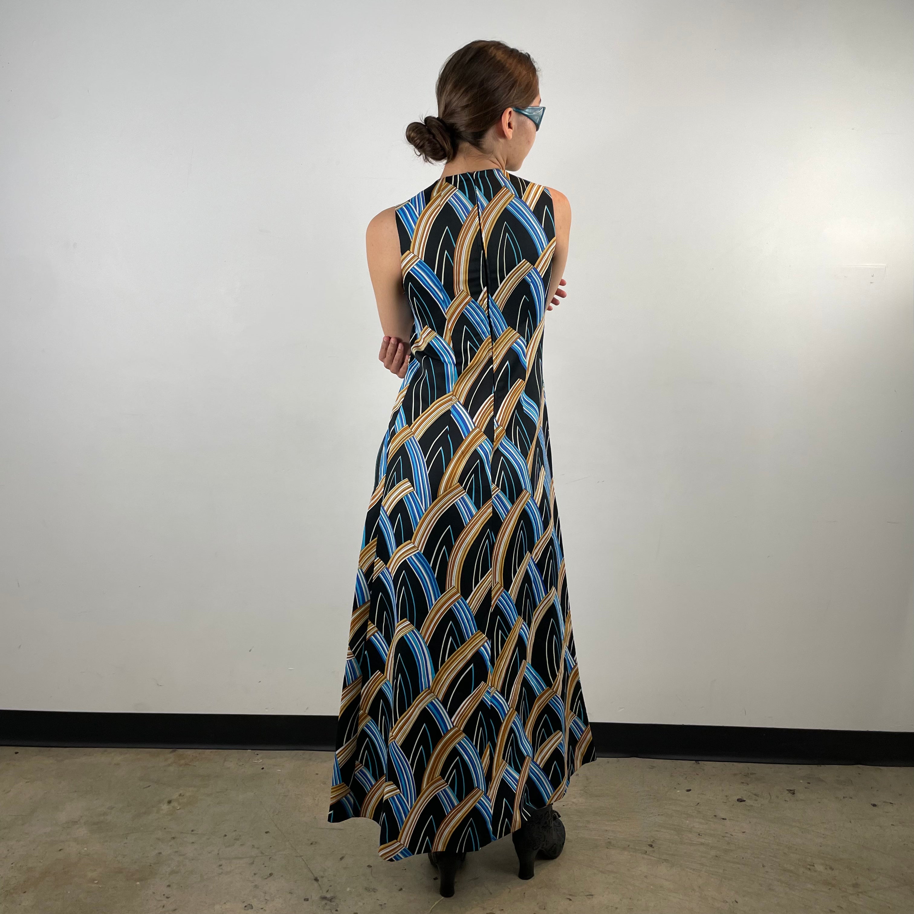Boheme Vintage – Vintage 1970s Handmade Gold and Blue Printed Maxi Dress with Empire Waist and A-Line Skirt
