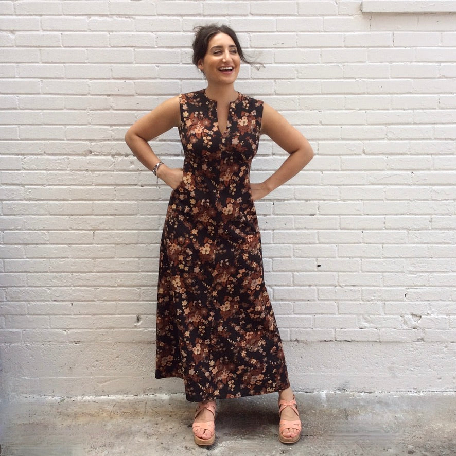 Handmade 1970s floral maxi dress with V-neck and empire waist, versatile and timeless, available at Boheme Vintage in Montreal – bohemevintage.com
