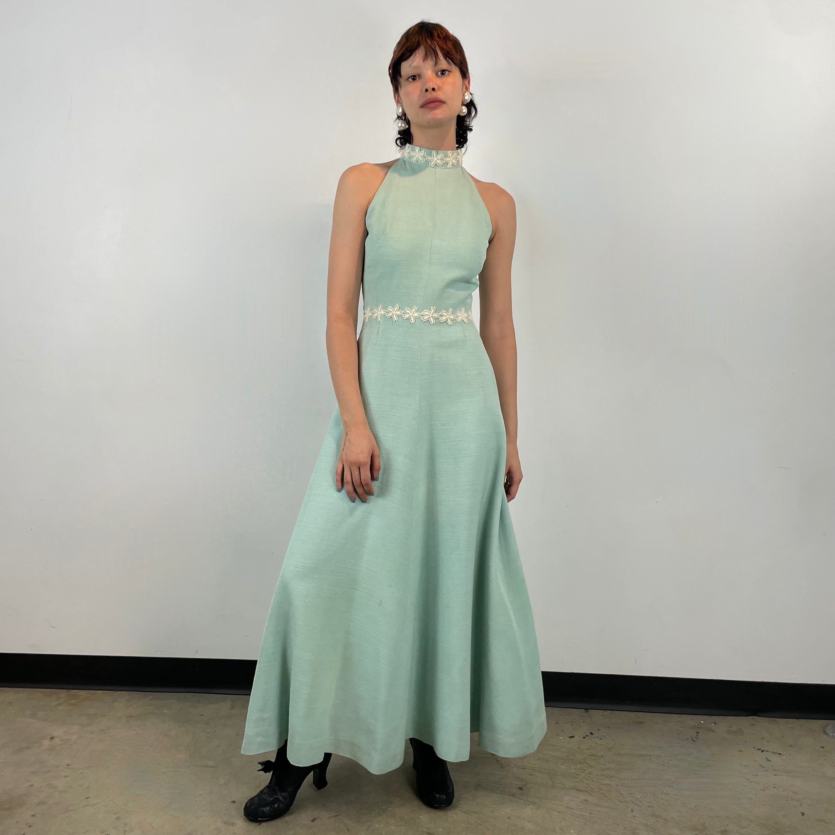 Boheme Vintage 1970s handmade cotton dress with embroidered floral neckline, fitted bodice, and flared skirt.