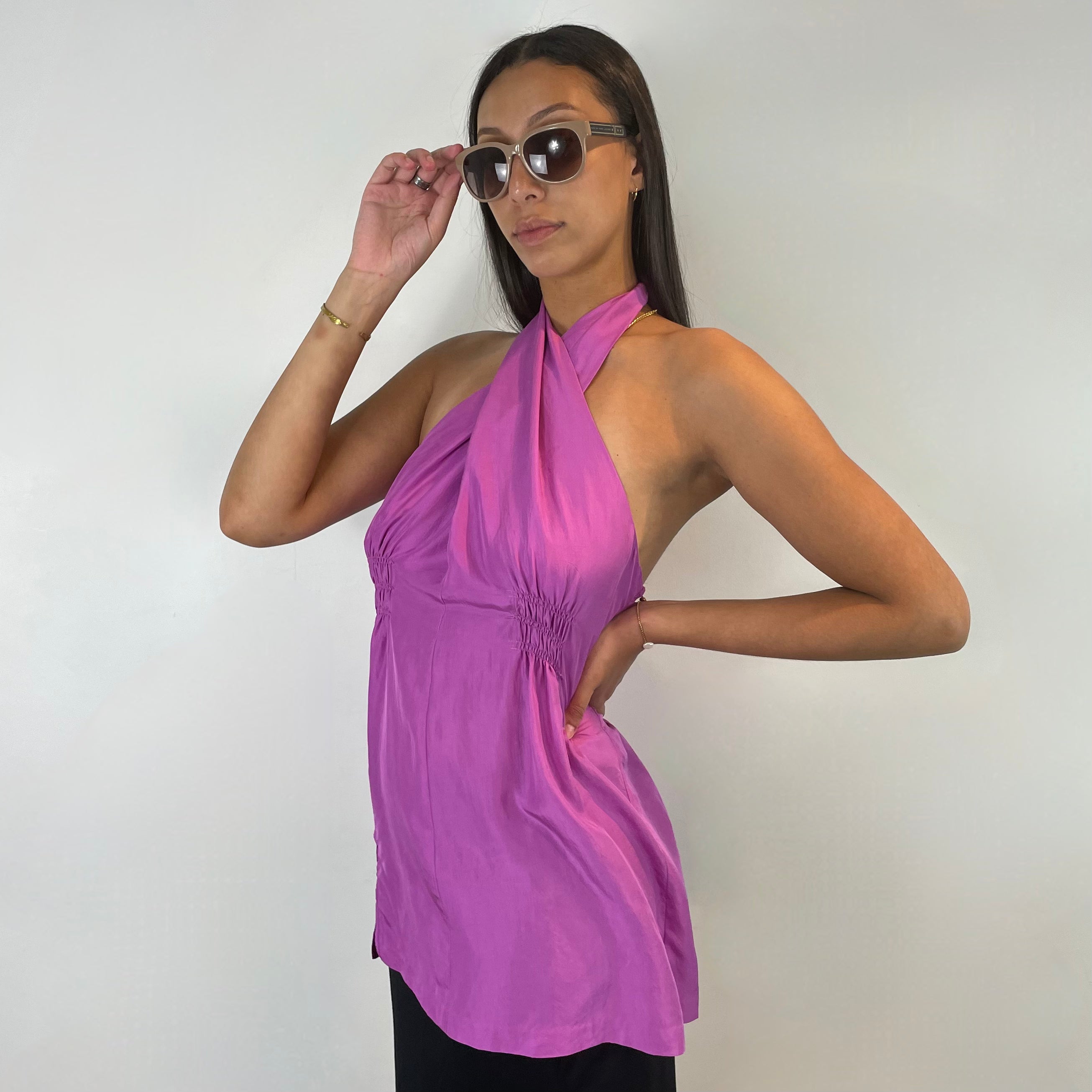Boheme Vintage – Vintage Cerruti 1881 Magenta Halter Top with Ruching and Back Strap Details