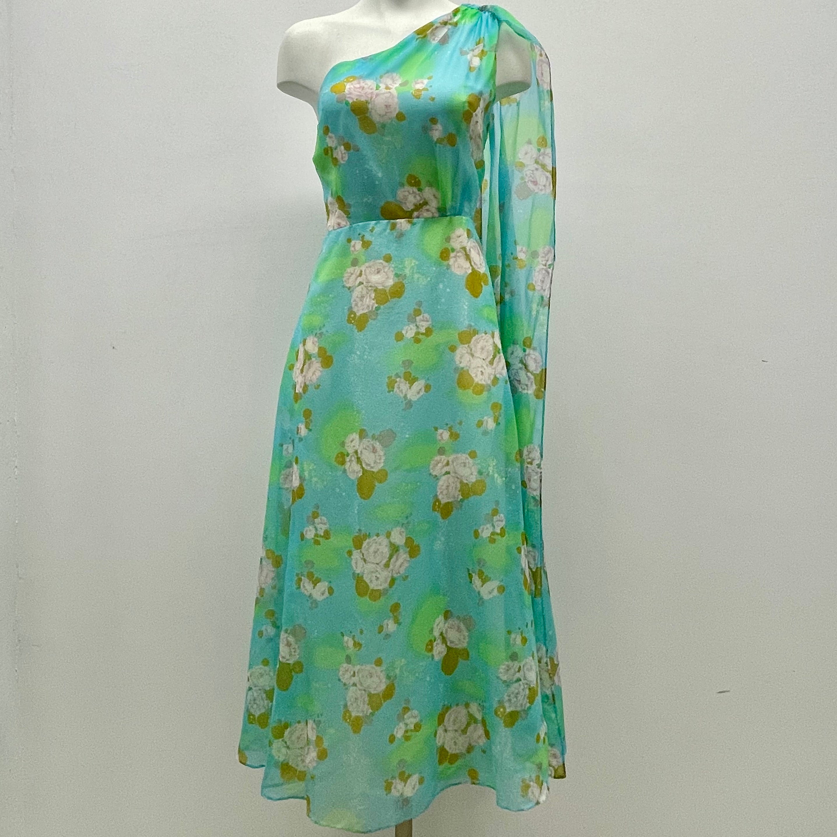 Boheme Vintage – Vintage 1970s Algo Floral Chiffon Maxi Dress with Fit-and-Flare Silhouette and Versatile Sash