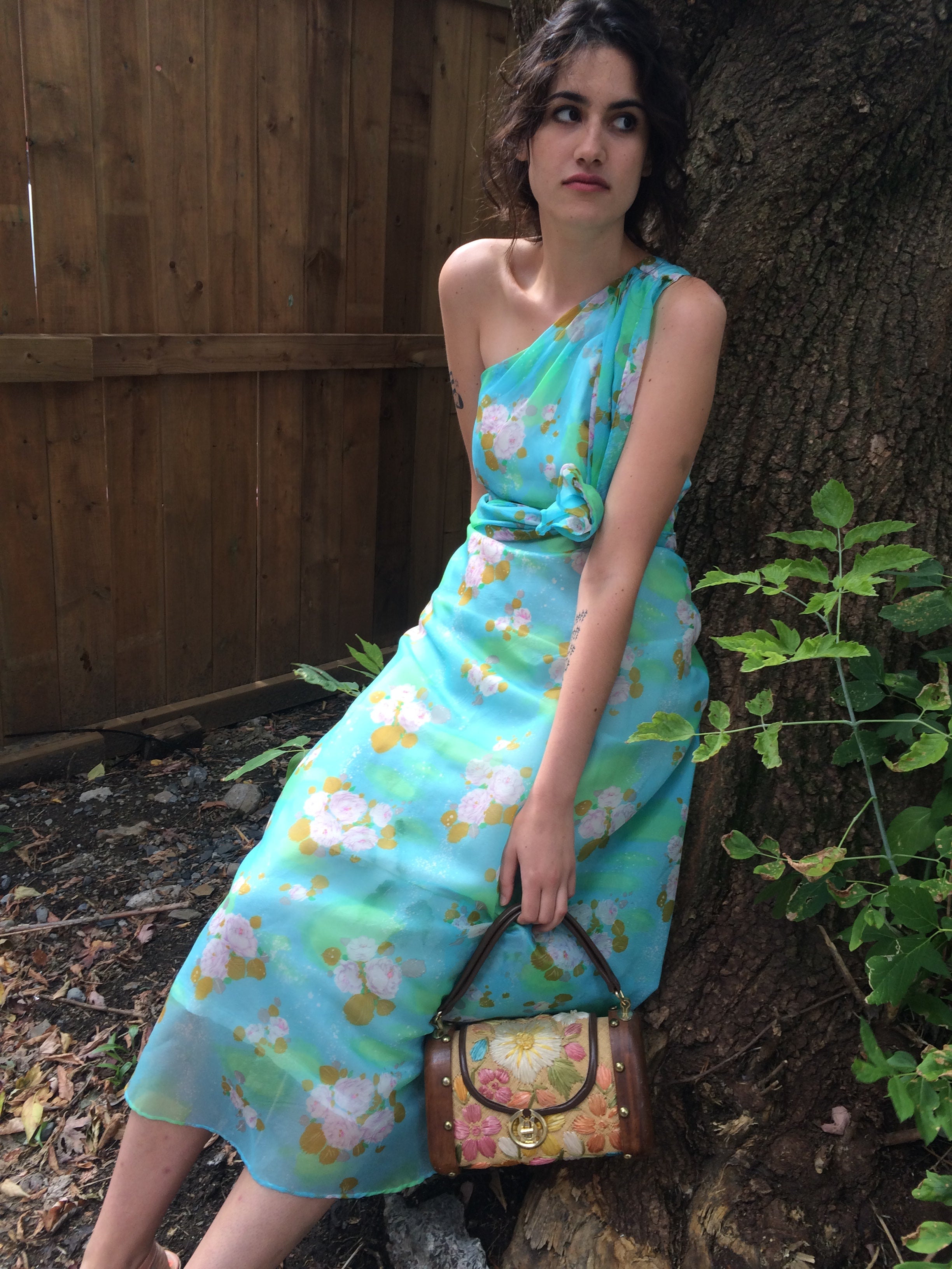 Boheme Vintage – Vintage 1970s Algo Floral Chiffon Maxi Dress with Fit-and-Flare Silhouette and Versatile Sash