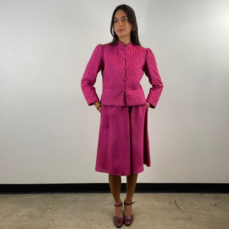 Boheme Vintage – Vintage 1970s Pierre Cardin 100% Silk Blazer and Flared Skirt Set with Mao Collar