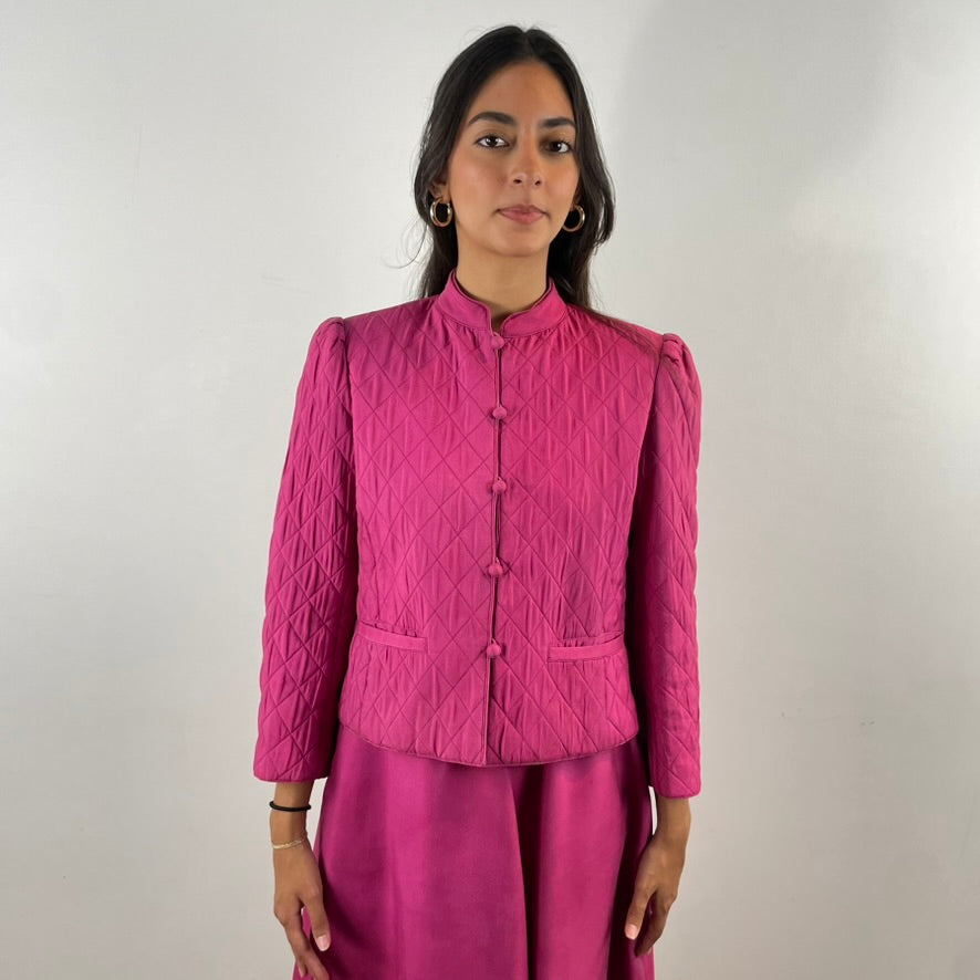 Boheme Vintage – Vintage 1970s Pierre Cardin 100% Silk Blazer and Flared Skirt Set with Mao Collar