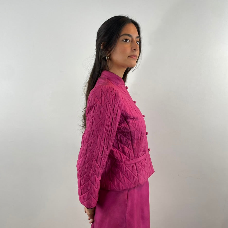 Boheme Vintage – Vintage 1970s Pierre Cardin 100% Silk Blazer and Flared Skirt Set with Mao Collar