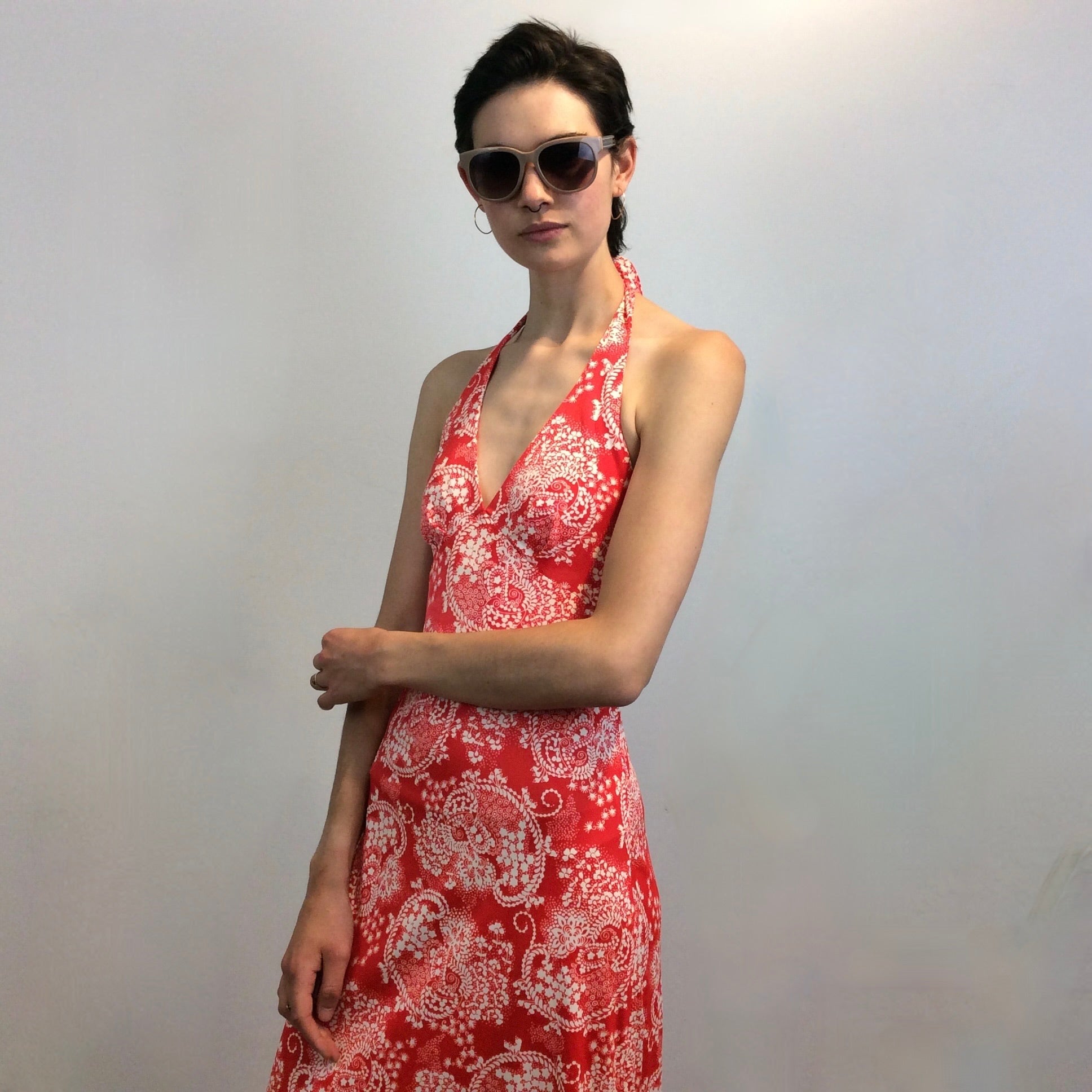 Close up front view of 1970s Tie Back Halter Top Maxi Dress
Size Small
Sold at bohemevintage.com, Montréal