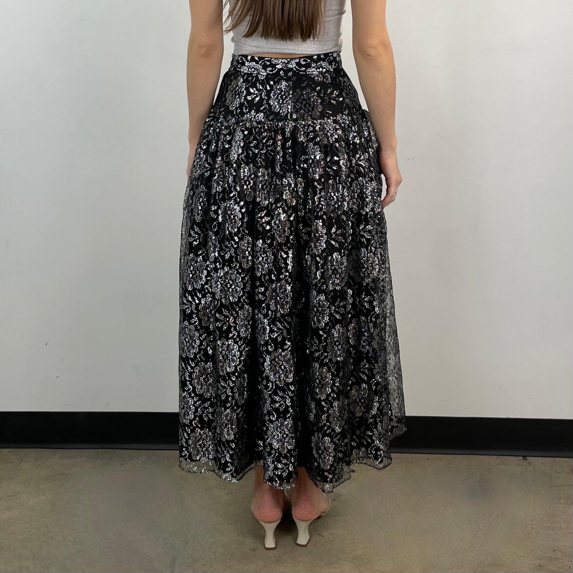 Back View of 1980s-1990s Silver Lace Yoke Maxi Skirt Size XS/Small sold at bohemevintage.com Montreal