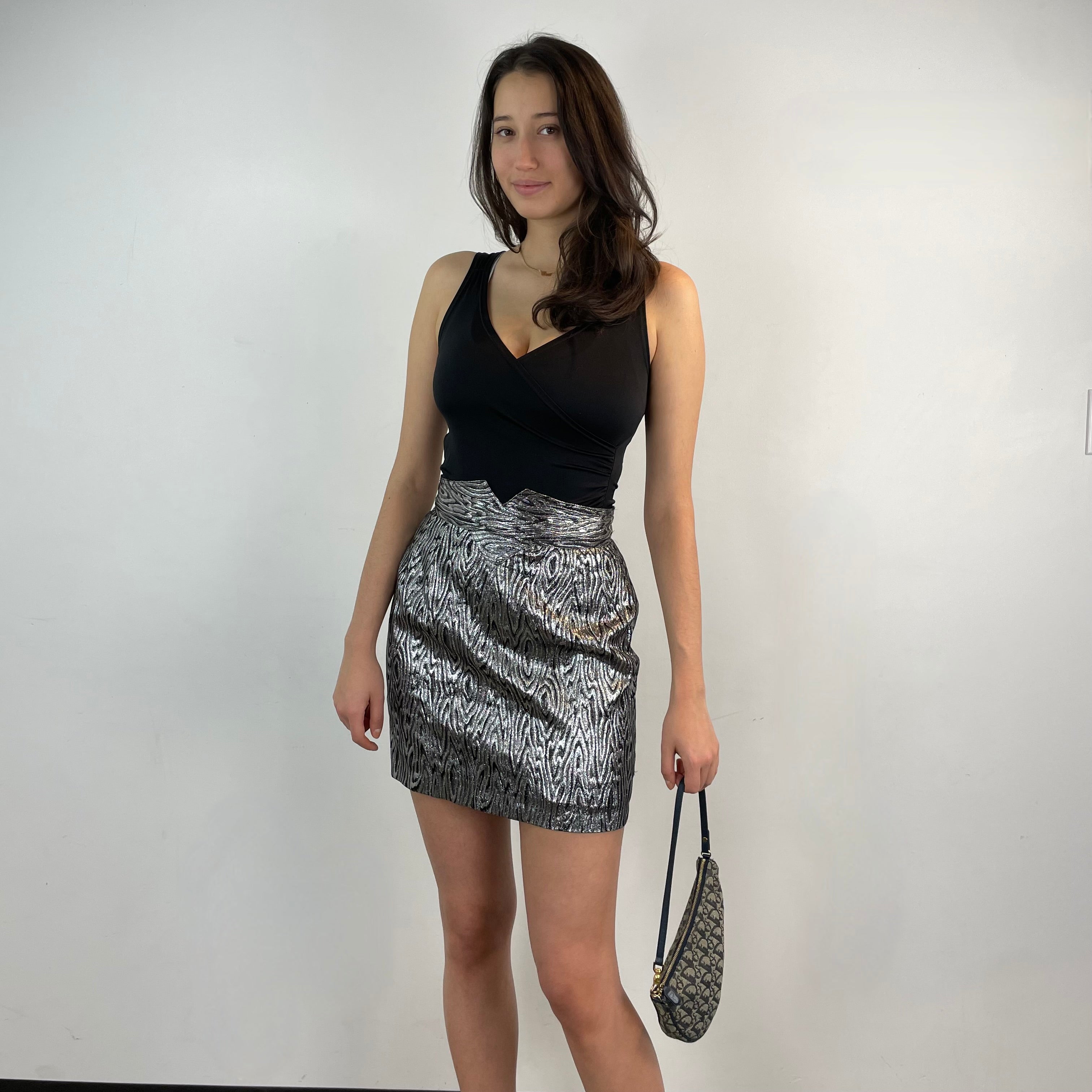 Vintage 1980s High Waisted Silver Brocade Mini Skirt Small-Medium - Boheme Vintage, Montreal