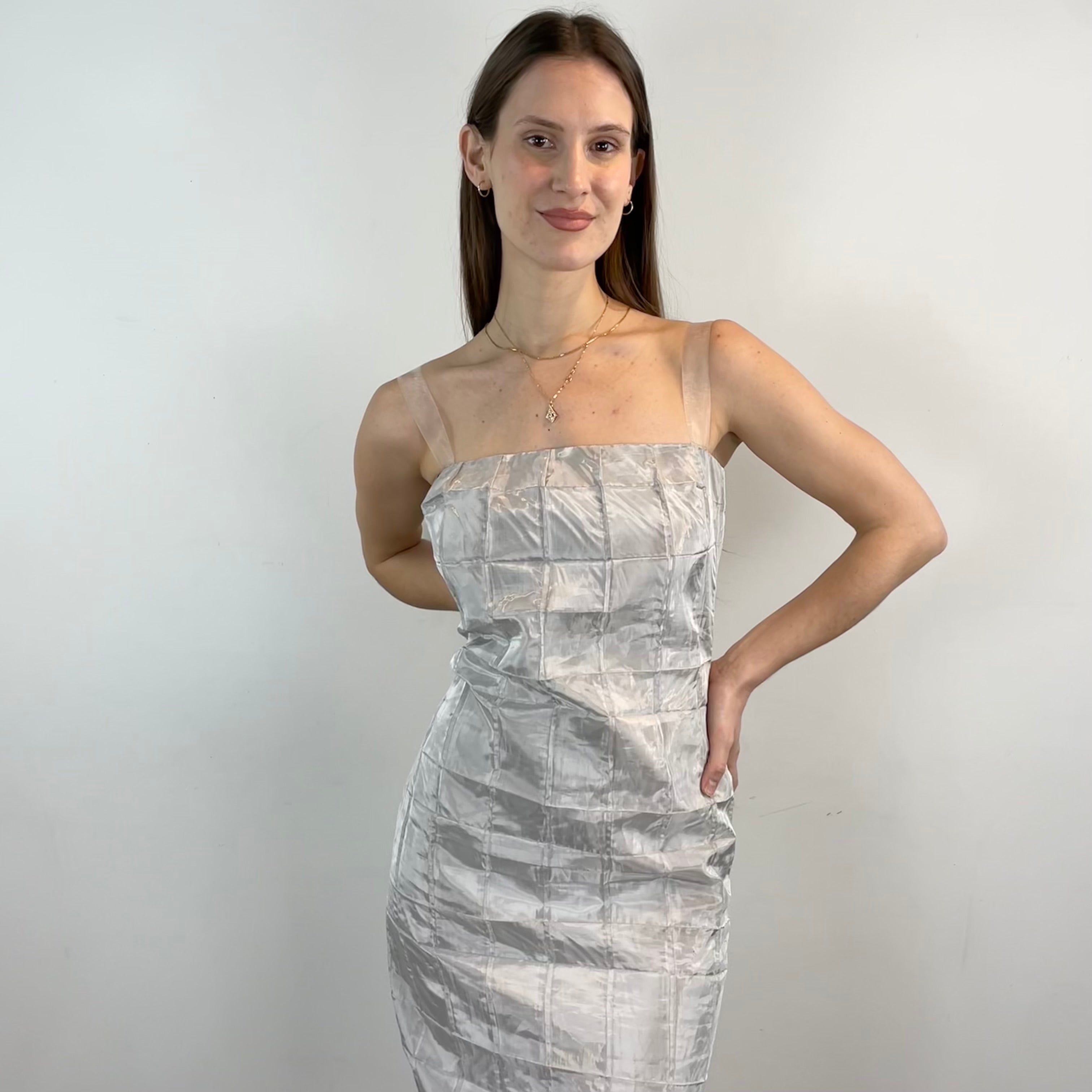 Front detail view of 1990s- 2000s Silver Sleeveless Maxi Sheath Dress Small sold on bohemevintage.com Montreal