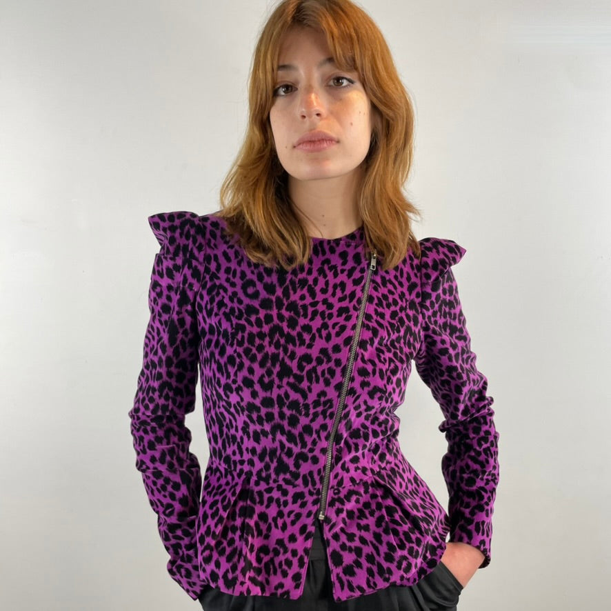 Boheme Vintage 1990s Betsey Johnson velvet leopard print peplum blazer with asymmetrical zipper and structured silhouette.