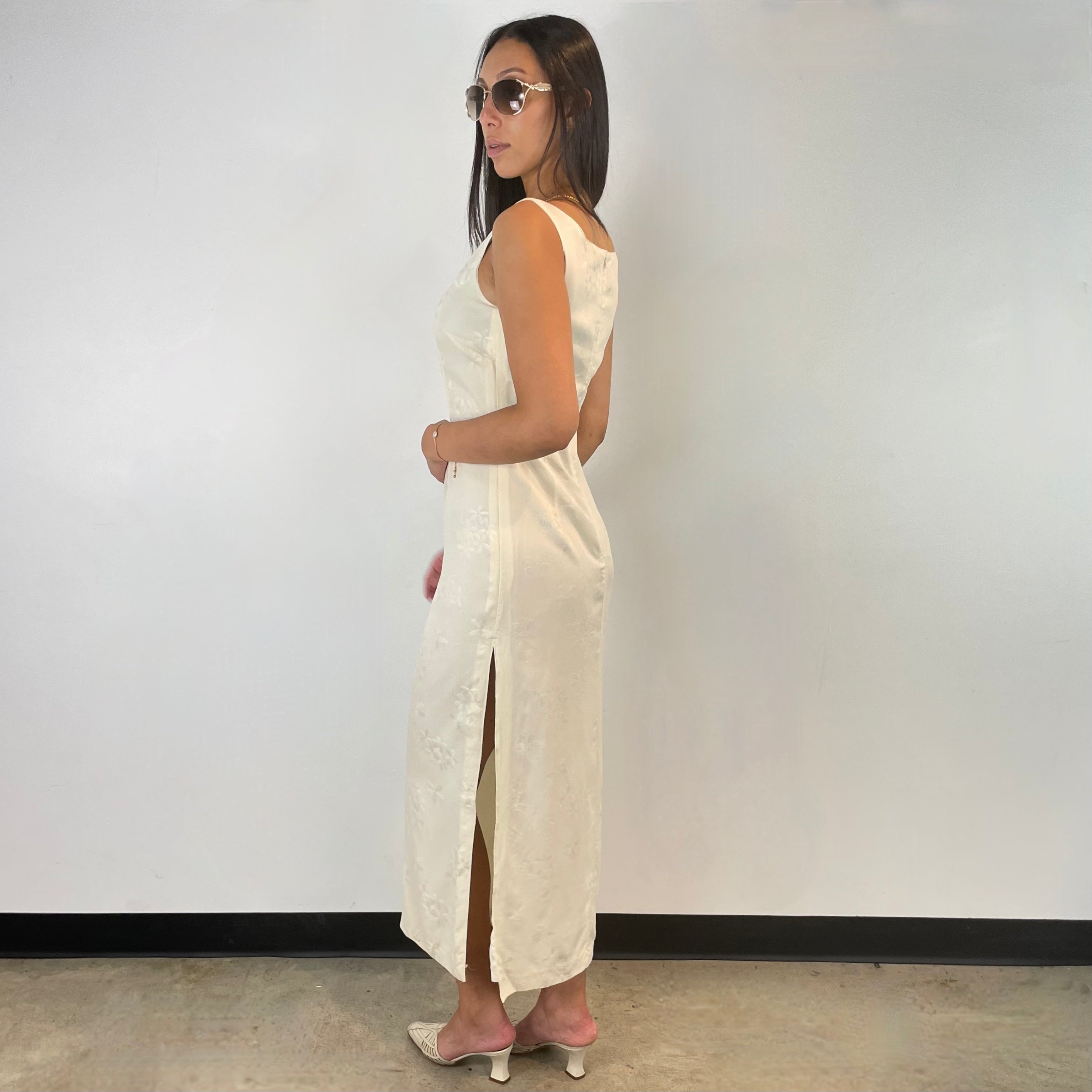 Boheme Vintage – Vintage Terra Nostra Collection Satin Brocade Straight Cut Dress Made in Canada with Side Slit