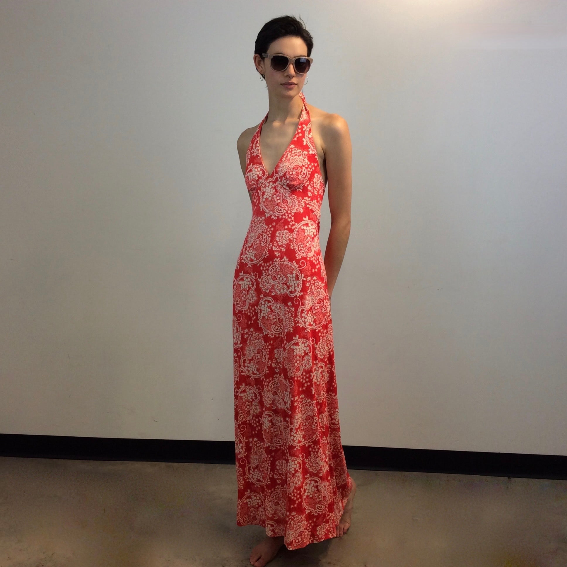 Front view of 1970s Tie Back Halter Top Maxi Dress
Size Small
Sold at bohemevintage.com, Montréal