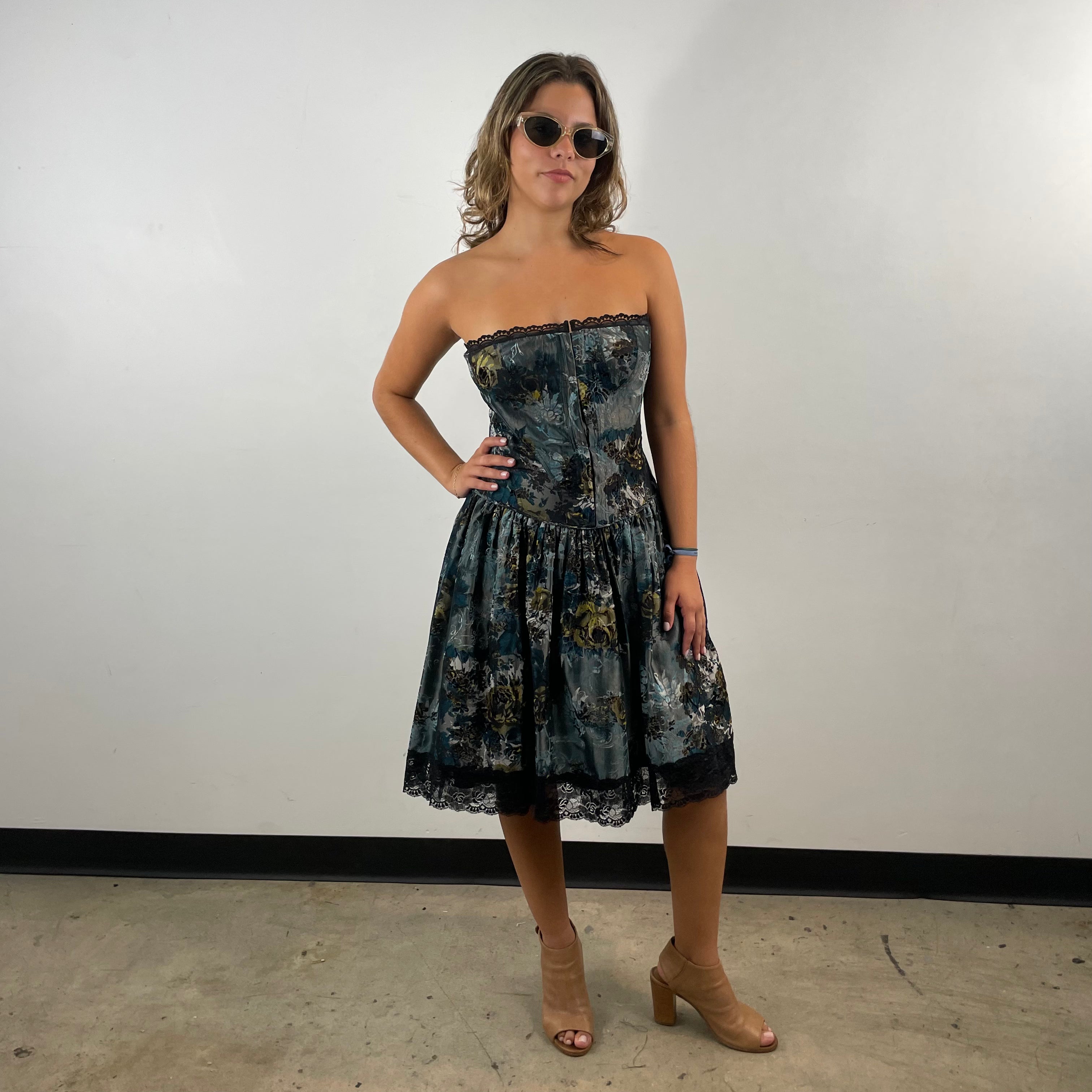 Boheme Vintage 1990s Betsey Johnson velvet brocade bustier dress with lace trim, boning, and tulle layer.