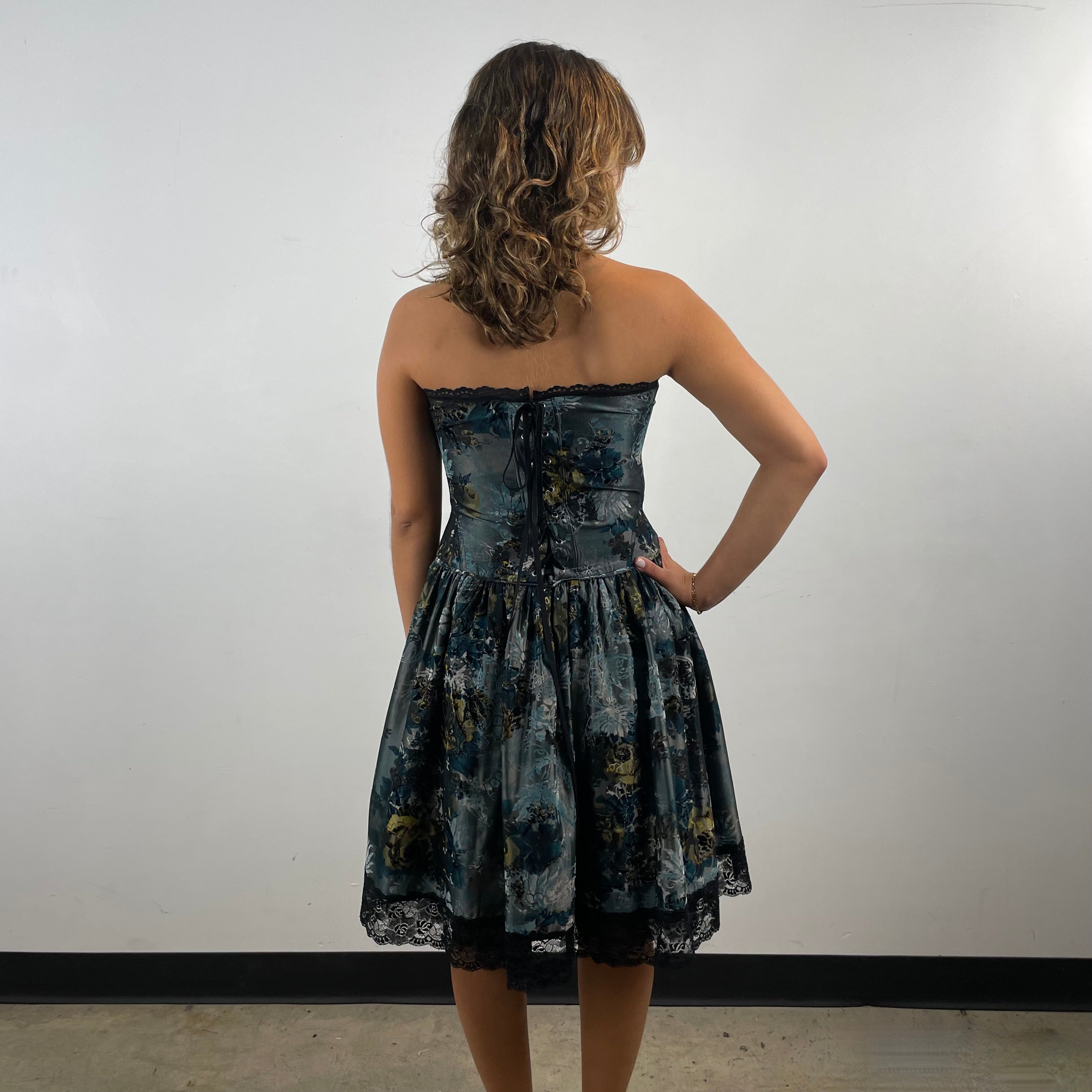 Boheme Vintage 1990s Betsey Johnson velvet brocade bustier dress with lace trim, boning, and tulle layer.