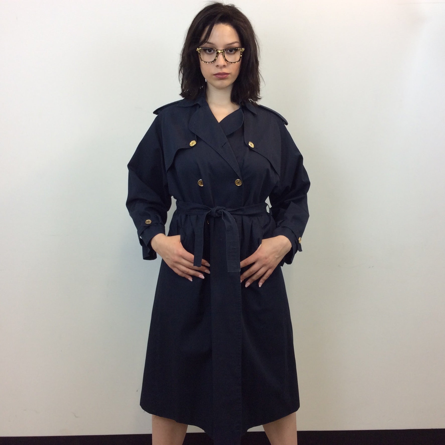 Boheme Vintage – Vintage Céline Paris Navy Trench Coat Made in France with Signature Gold Buttons and Belt
