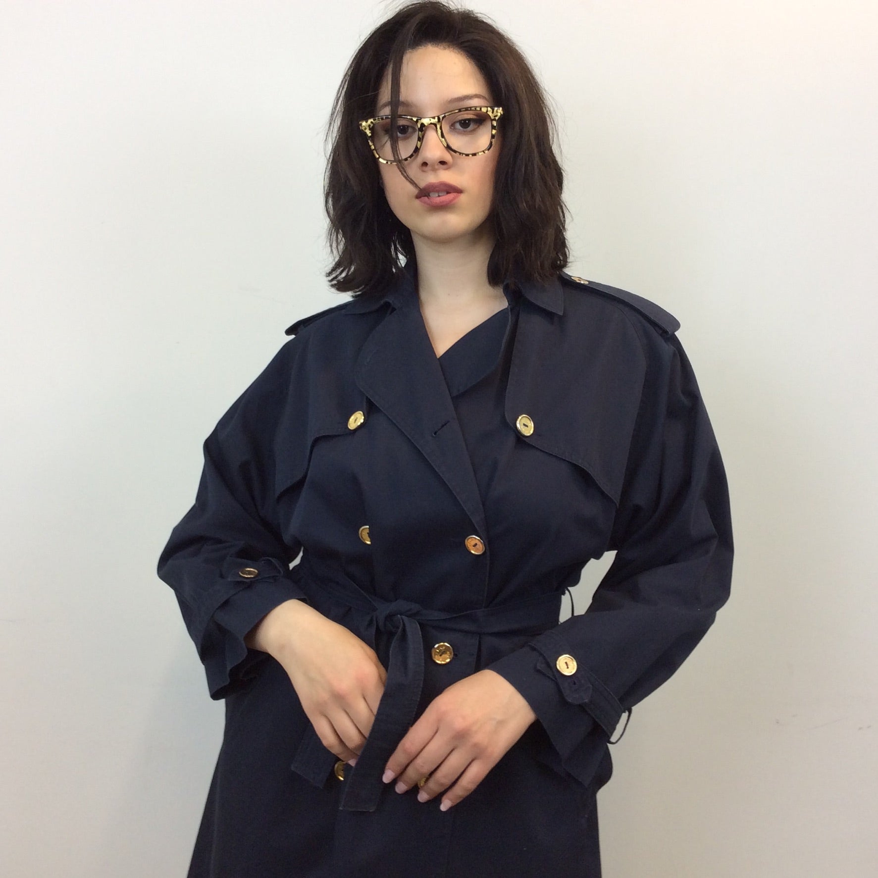 Boheme Vintage – Vintage Céline Paris Navy Trench Coat Made in France with Signature Gold Buttons and Belt