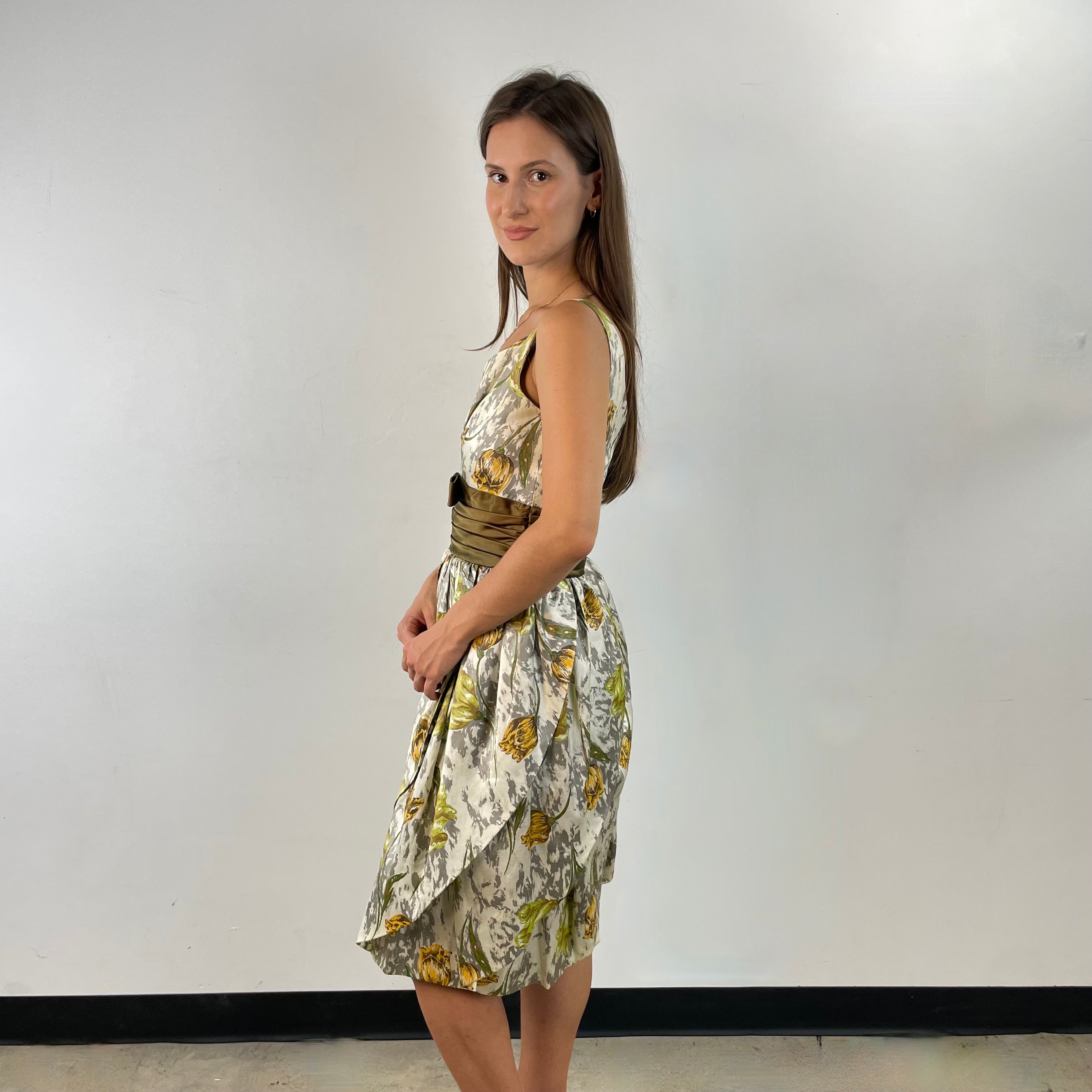 1950s-60s Tulip Shape Satin Cocktail Dress size small sold on bohemevintage.com Montreal Canada