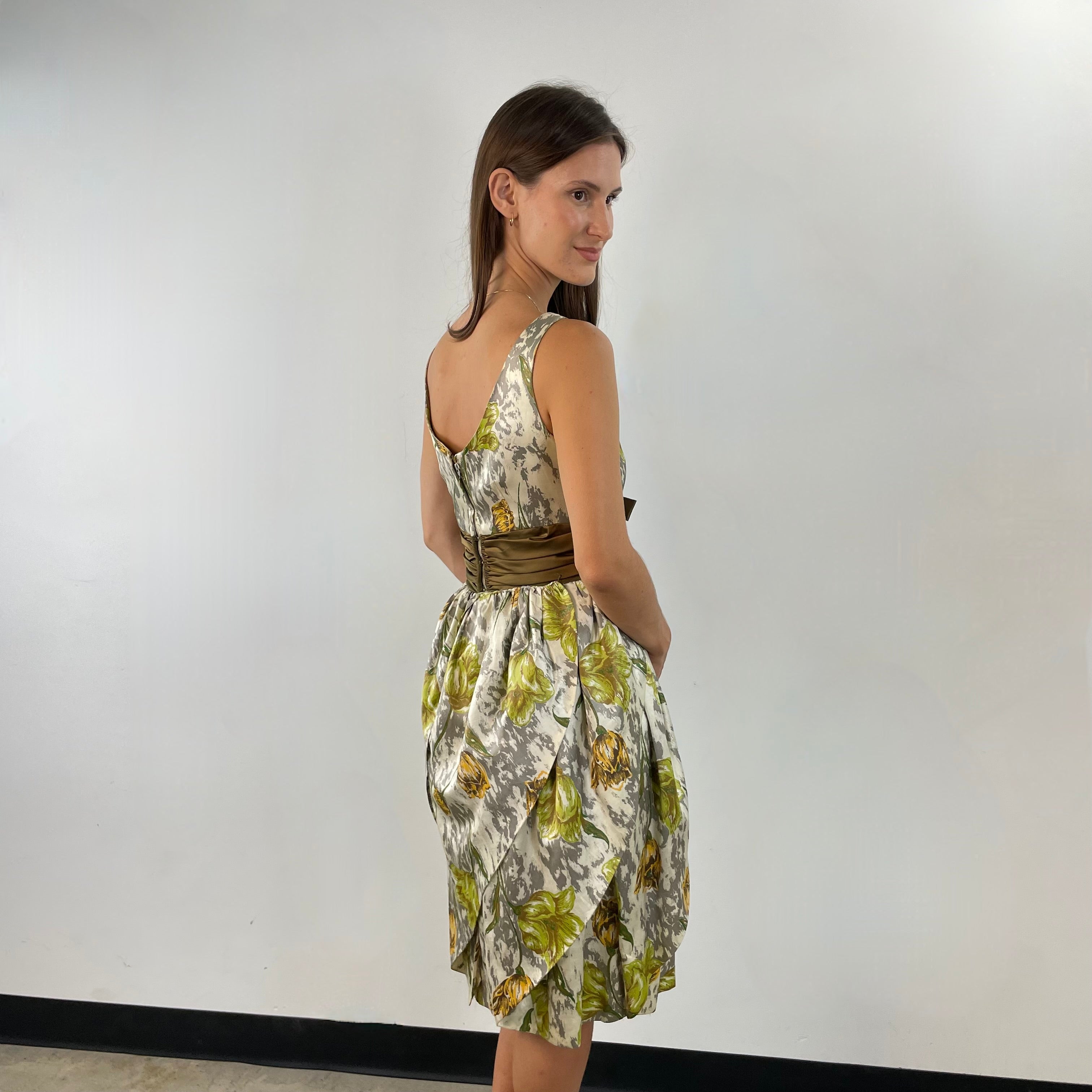 1950s-60s Tulip Shape Satin Cocktail Dress size small sold on bohemevintage.com Montreal Canada