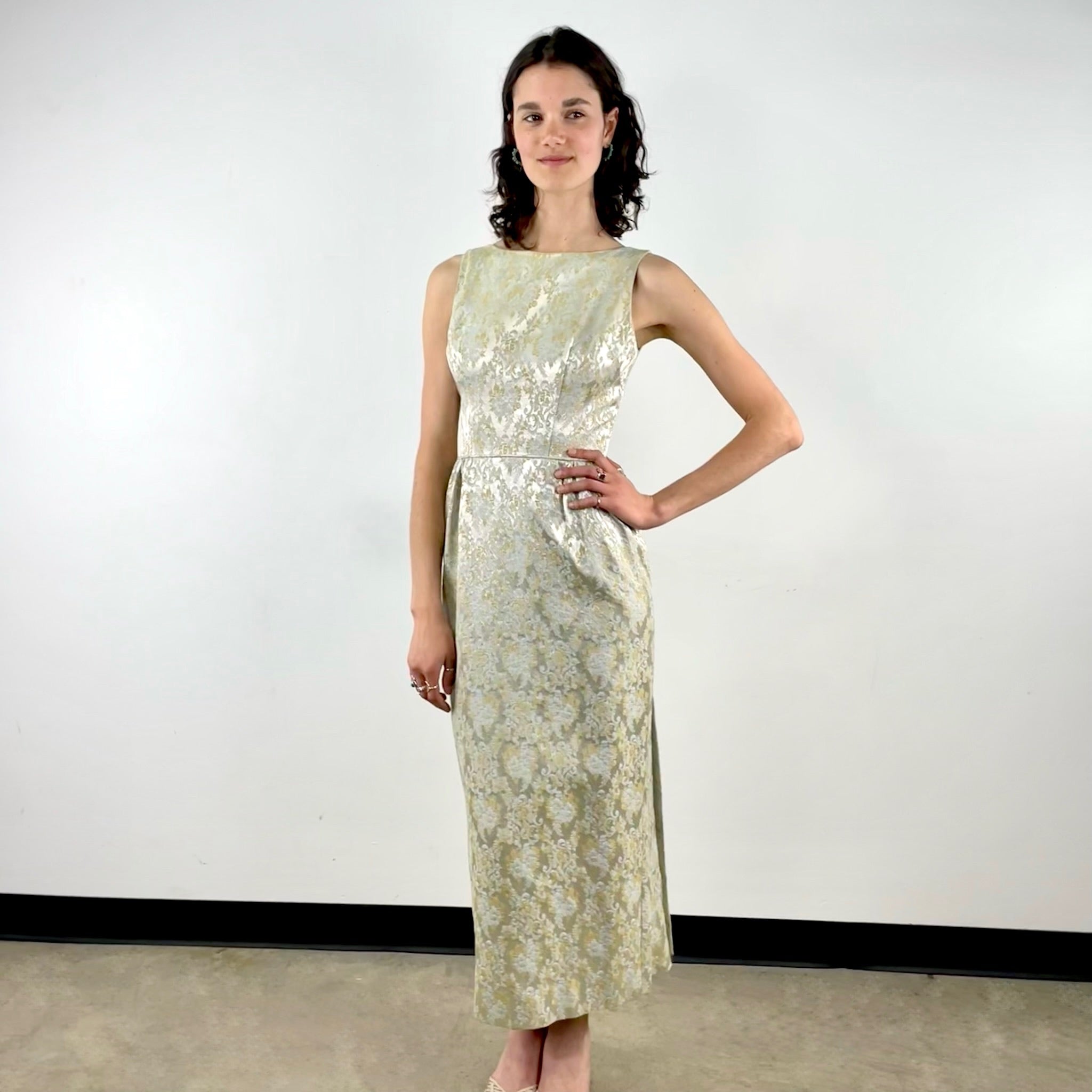 1960s Satin Brocade Sleeveless Gown Small