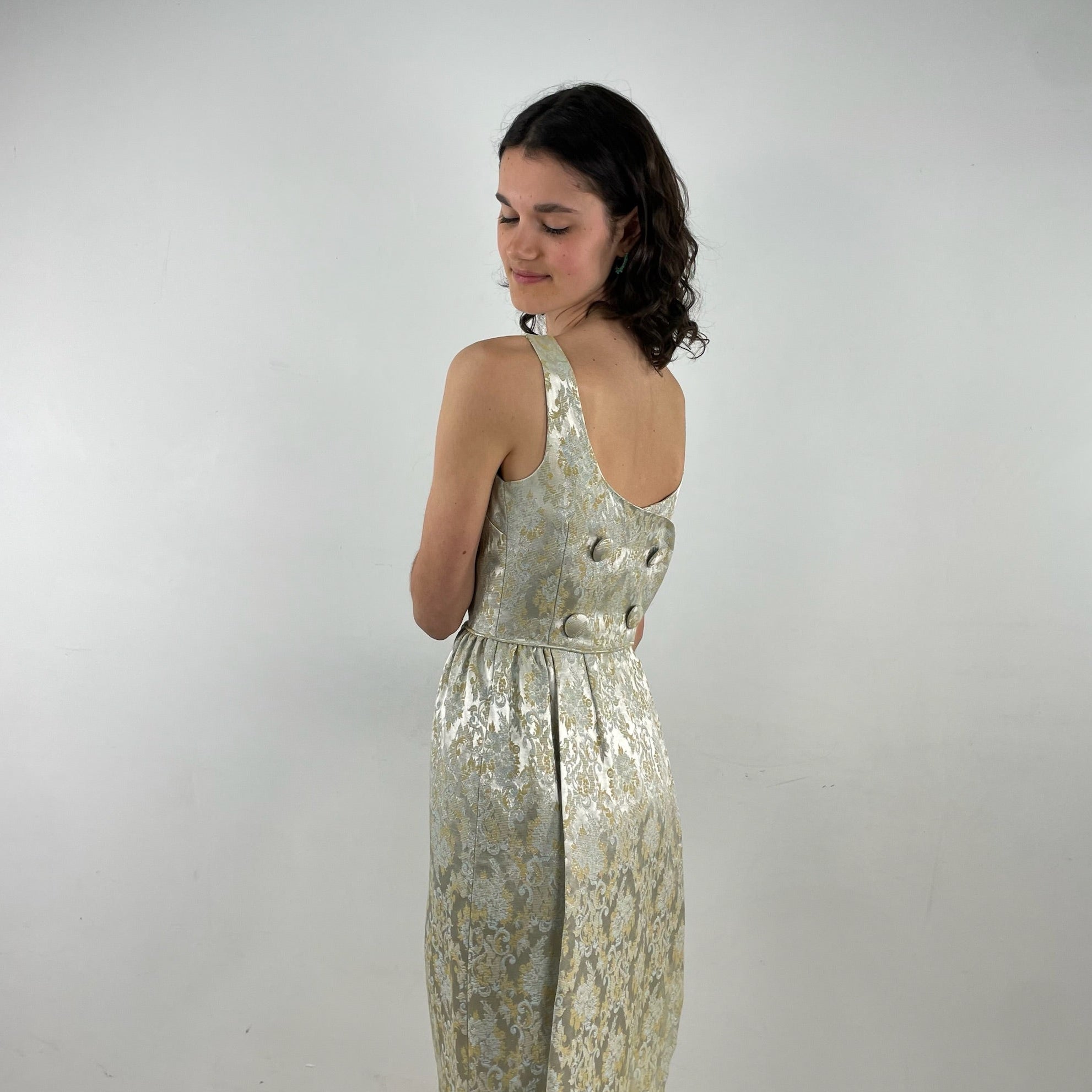1960s Satin Brocade Sleeveless Gown Small