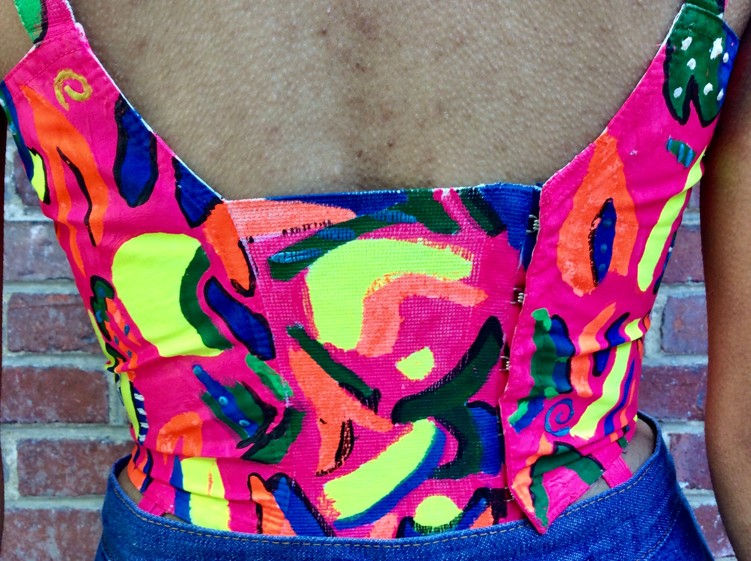 Close up back view of 1960s Upcycled Hand Painted Bustier Top
size Small, sold at bohemevintage.com
Montréal