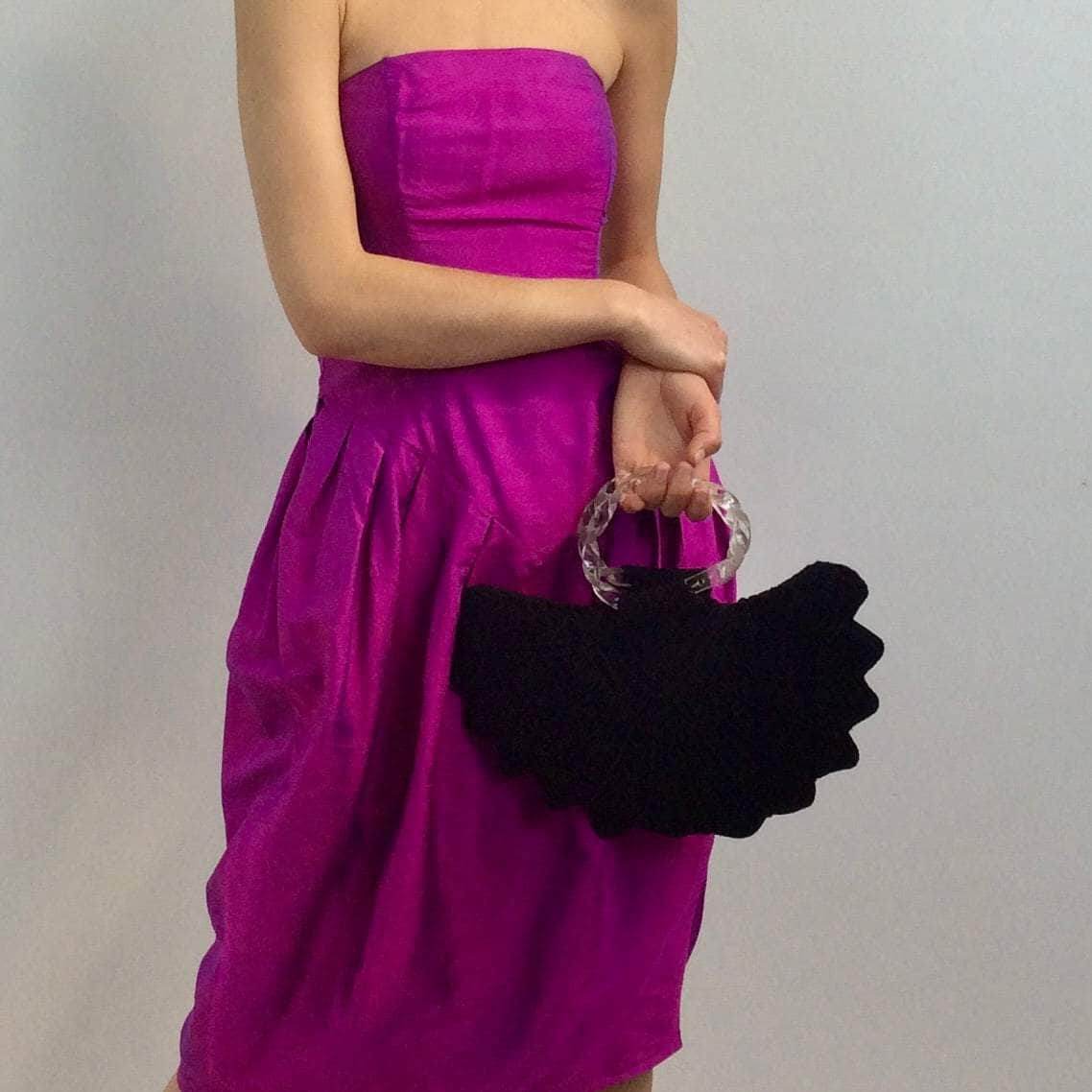 Boheme Vintage 1940s black crochet peacock‑shape evening handbag with clear twisted lucite handles and zipper closure.