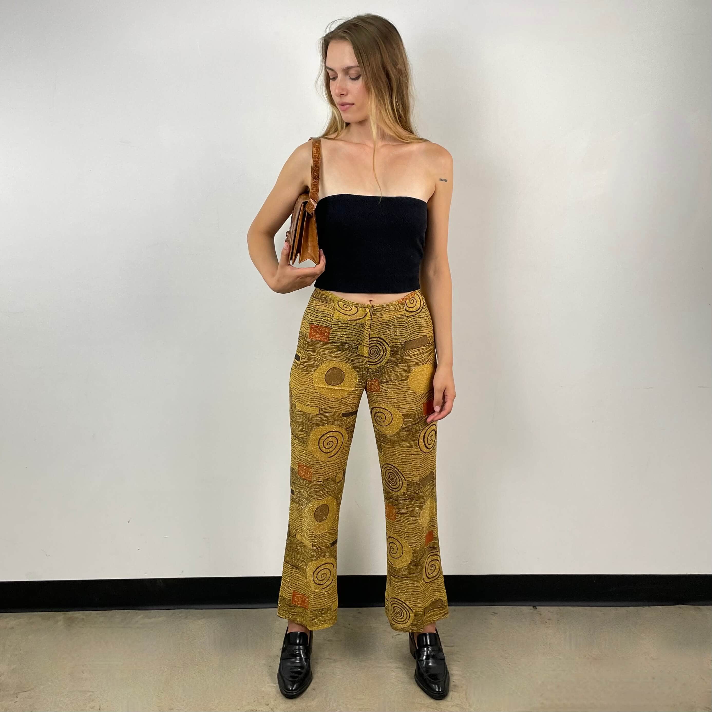 Pants from 1960s/70s Gold Patterned Mini Dress and Pant Set Size small sold at bohemevintage.com Montreal