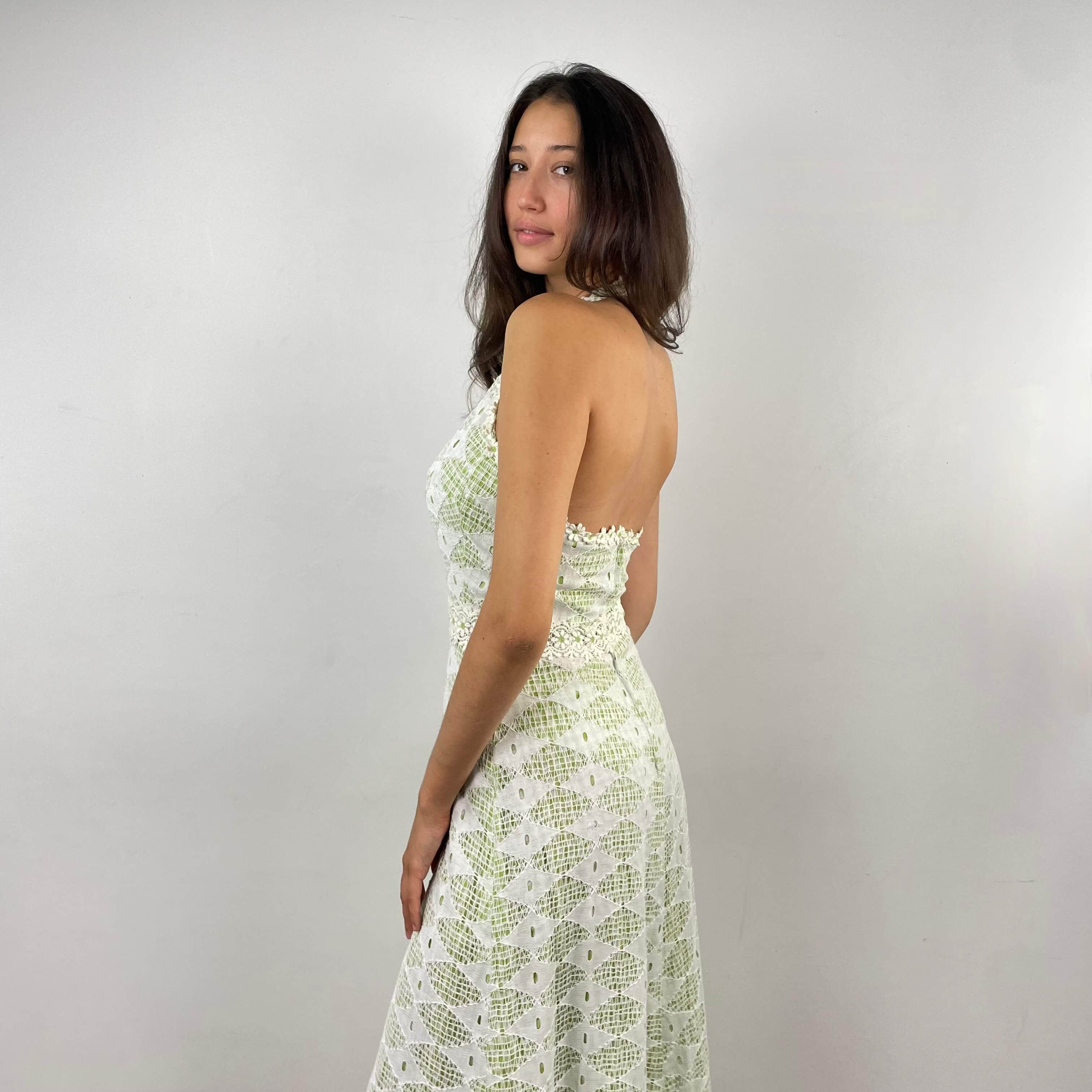 Back and side view of 1970's Mesh Halter Top Maxi Dress Size Small sold at bohemevintage.com Montreal