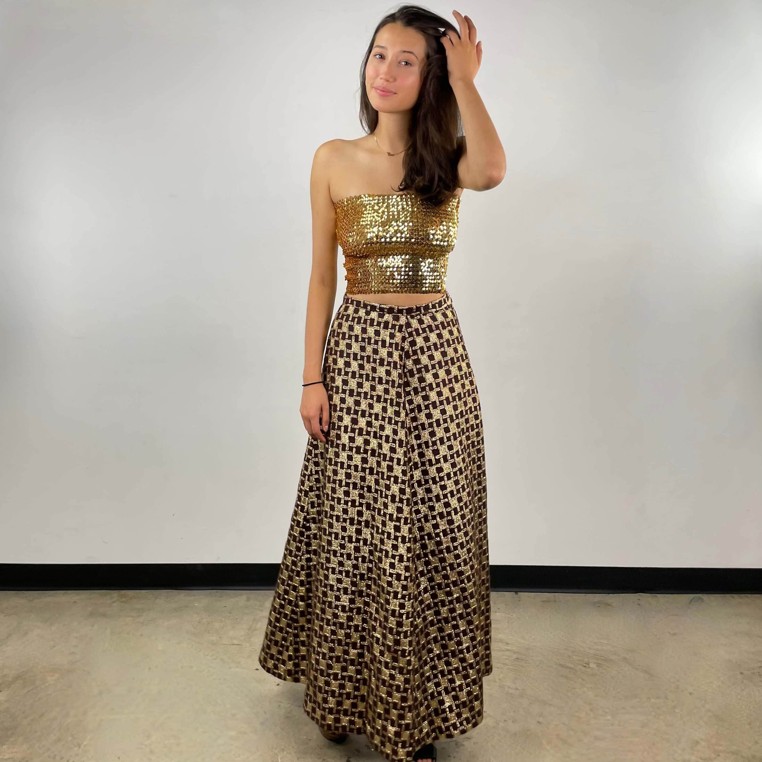 1970s Gold Brocade Flared Maxi Skirt Size small / Medium sold at bohemevintage.com Montreal