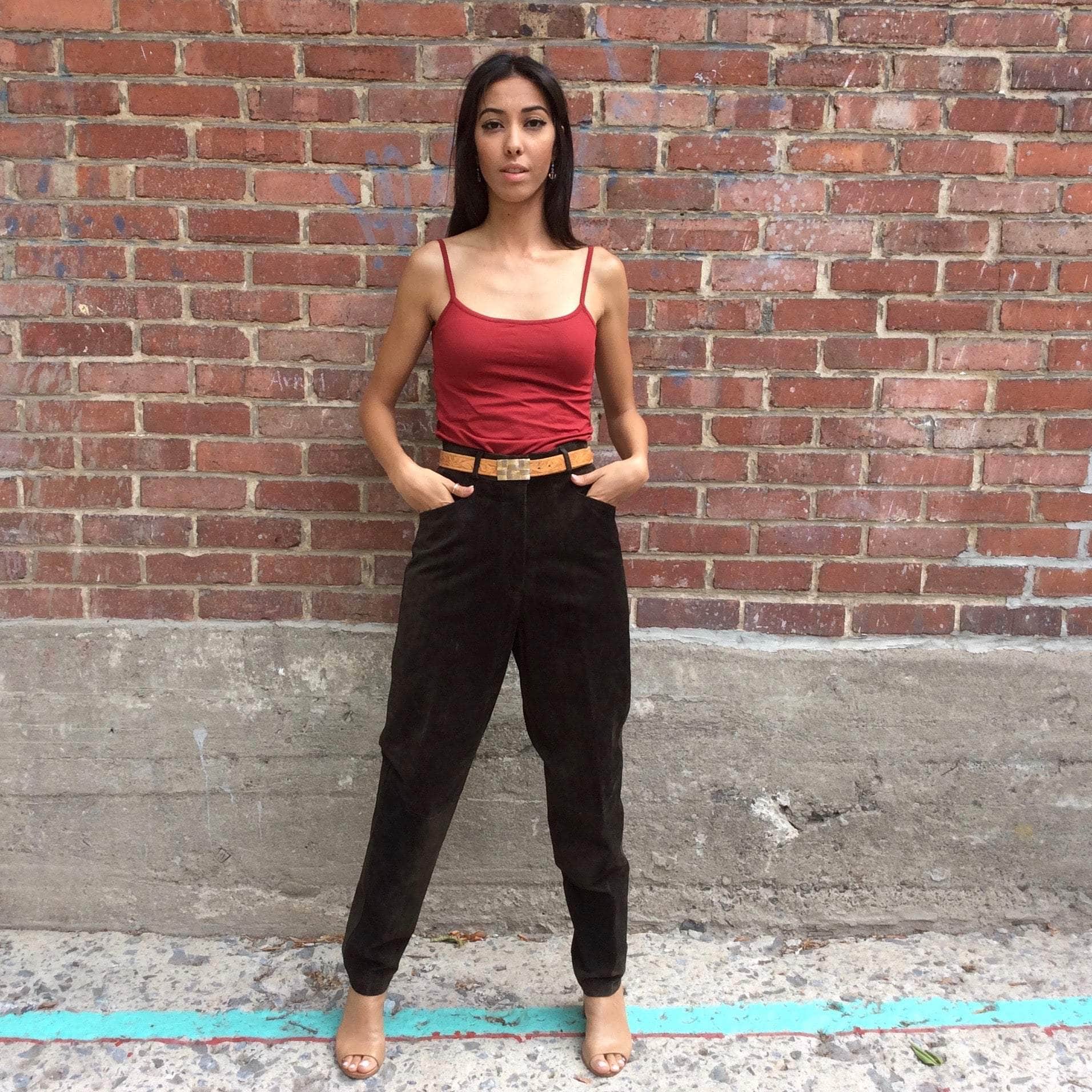 Boheme Vintage 1980s Cosi Diversa dark brown suede high-waisted tapered pants with jean-style cut.