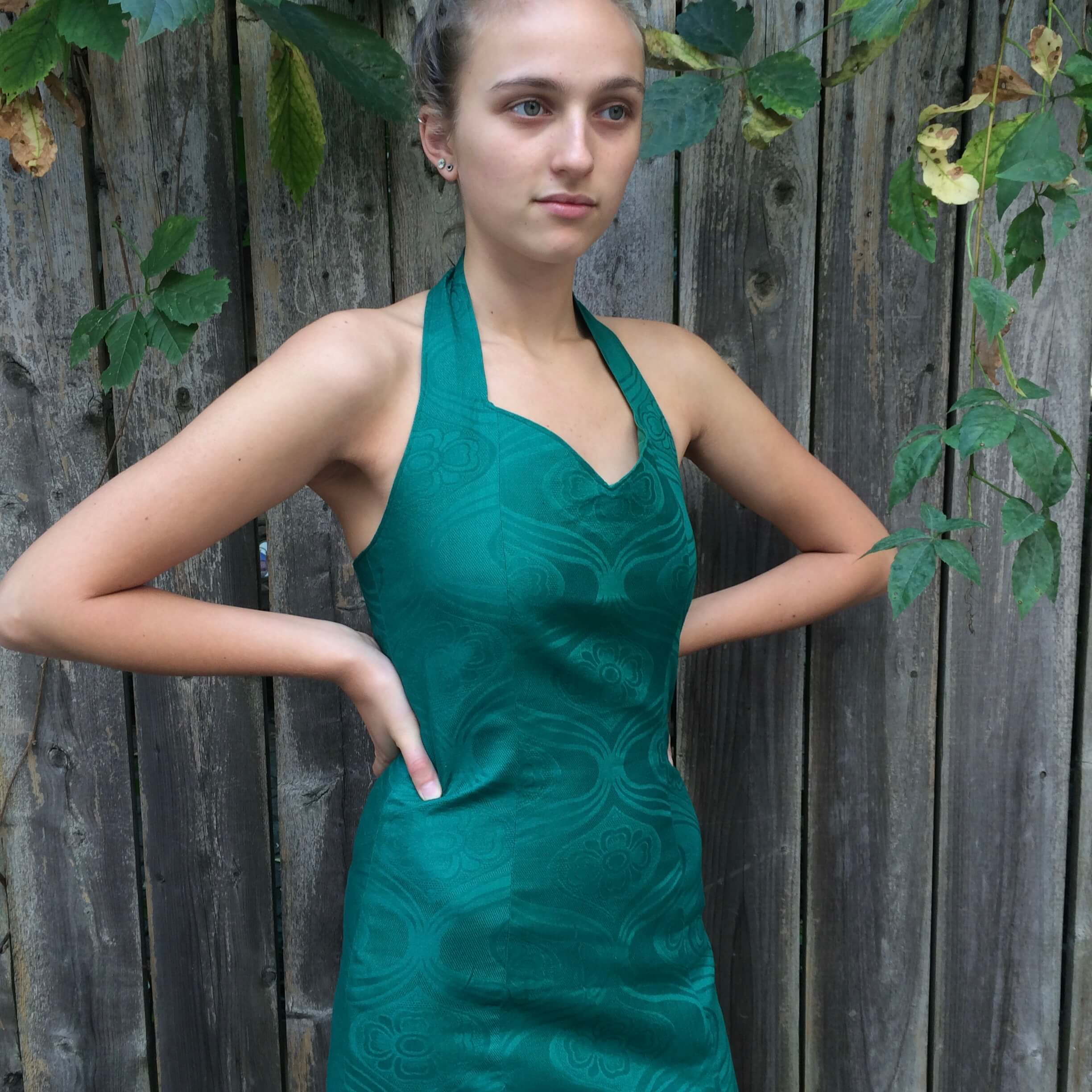 Front View of Emerald Green Front Slit Maxi Sheath Dress Size Small sold at bohemevintage.com Montreal