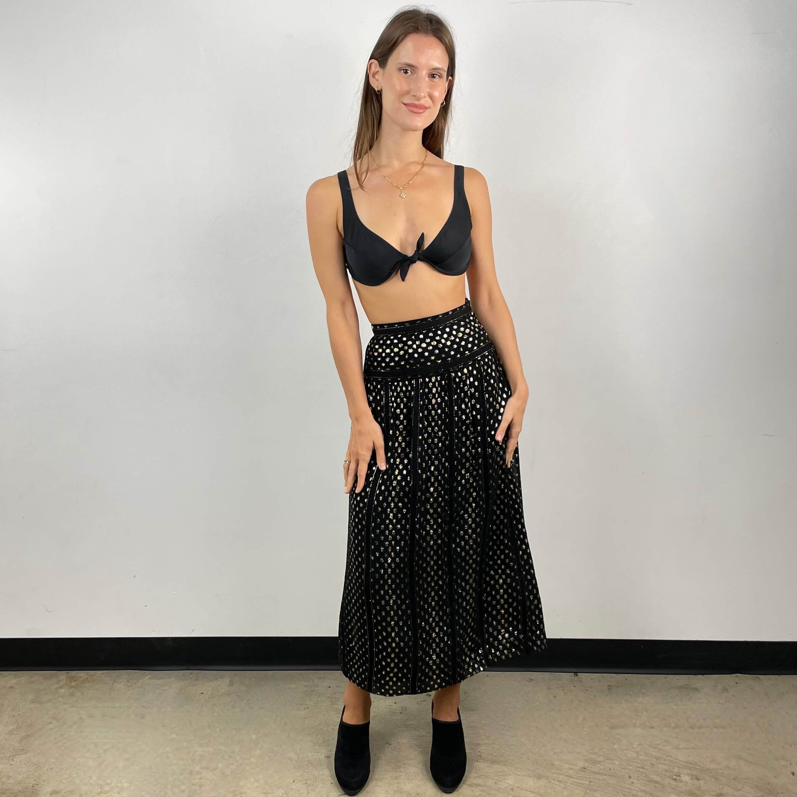 Front view of Gold and Silver Yoke Brocade Silk Midi Skirt Size X-Small sold at bohemevintage.com Montreal