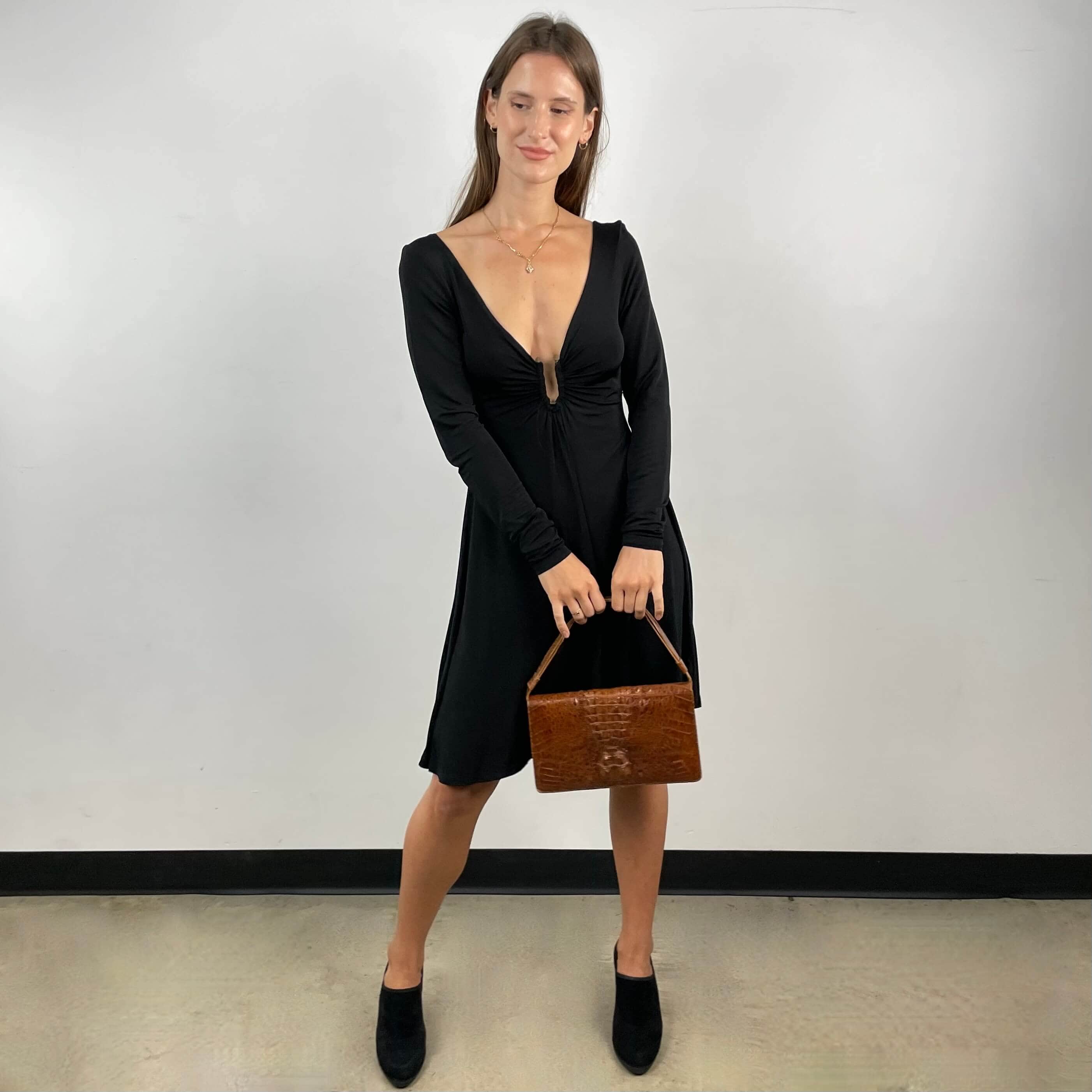 Front view of Just Cavalli Long Sleeve Flared Black Dress Siize Small/Medium sold on bohemevintage.com Montreal