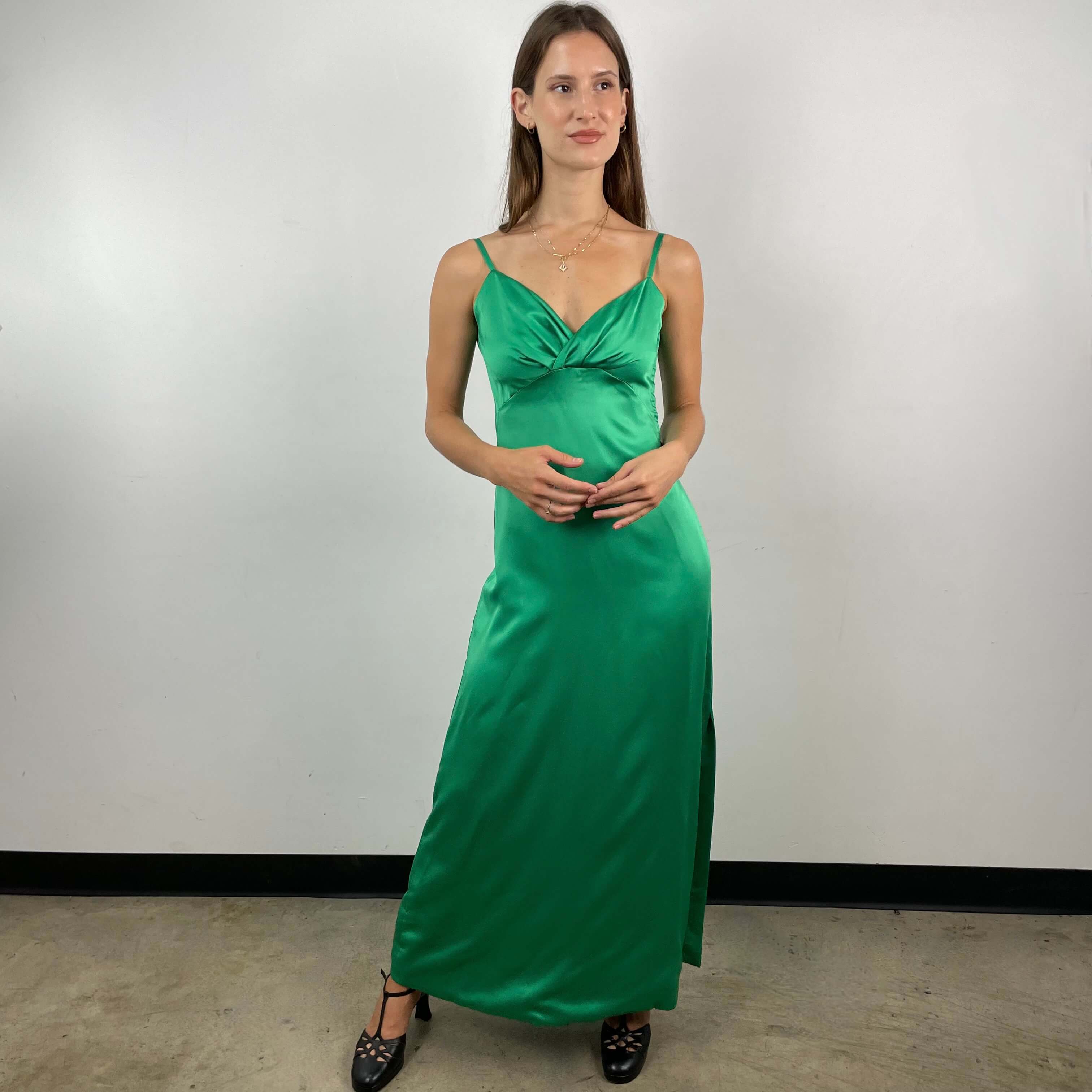 Front View of Open Back Green Satin Gown Size Small sold at bohemevintage.com Montreal