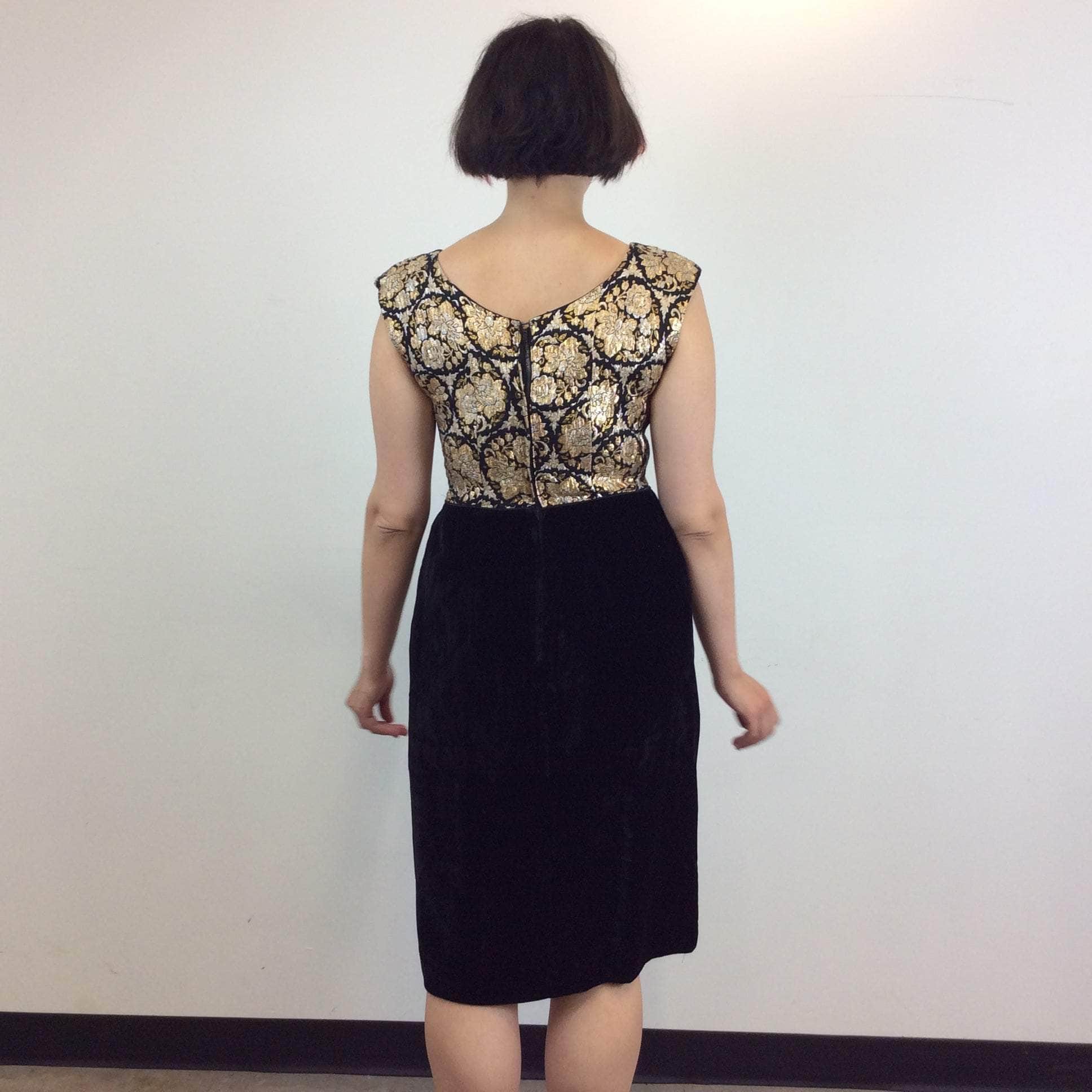 Back view of 1950s-1960s Metallic Brocade and Black Velvet Dress size Medium sold by bohemevintage.com